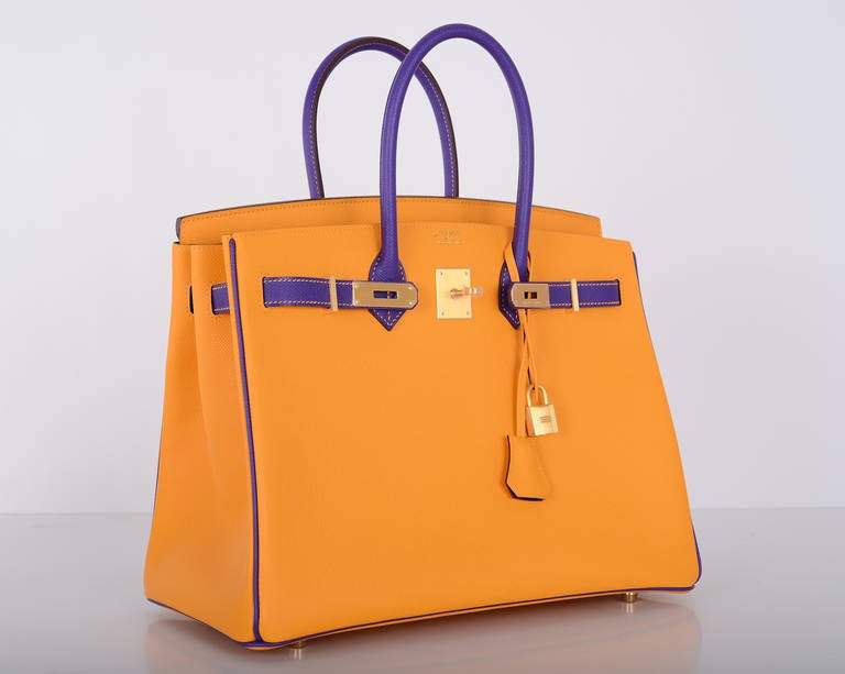 As always, another one of my fab finds! Hermes 35cm BIRKIN SPECIAL ORDER JAUNE / VIOLET gorgeous BRUSHED GOLD hardware, EPSOM leather.
MY CAMERA TAKES ACCURATE PICTURES, BUT THE COLORS ARE VERY SPECIAL!

This bag comes with lock, keys, clochette,