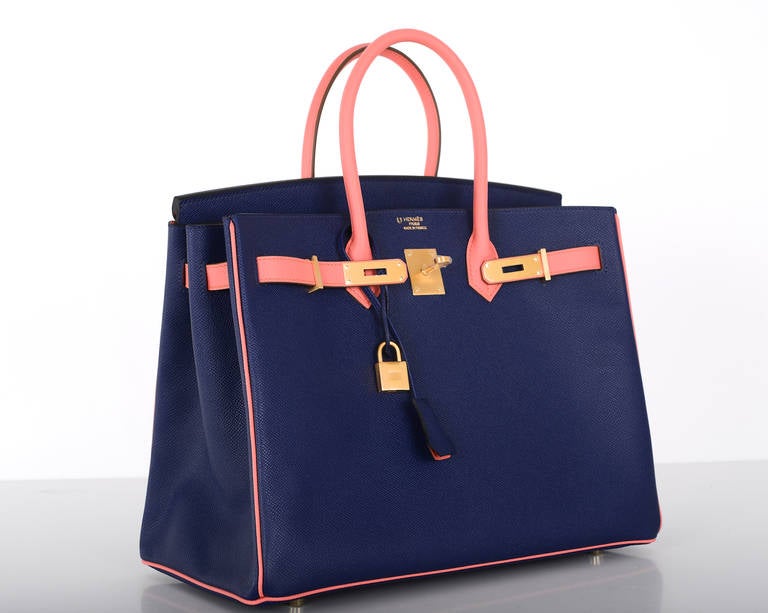 Hermes 35cm Blue Saphir Ostrich Birkin Bag with Gold Hardware