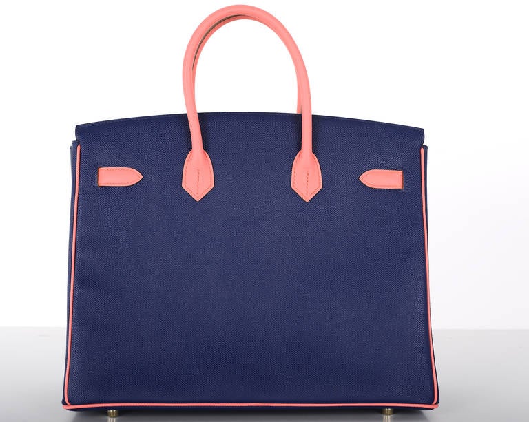 HERMES BIRKIN BAG HSS 35cm SAPPHIRE * ROSE JAIPUR BRUSHED GOLD HARDWARE In New Condition In NYC Tri-State/Miami, NY