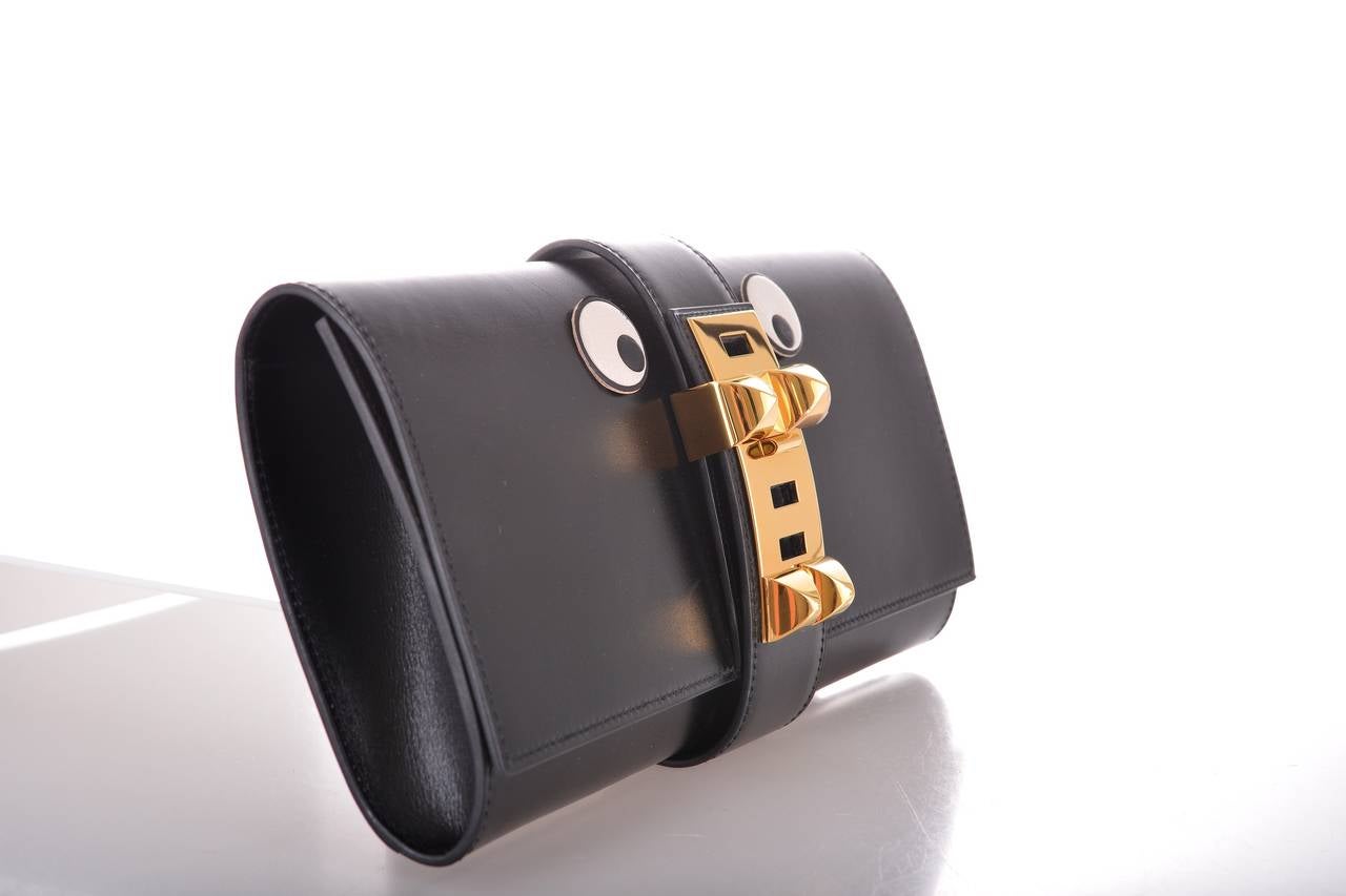 HERMES 29CM MEDOR CLUTCH BOX CALF BLACK GOLD HARDWARE DISCONTINUED SZ JaneFinds In Excellent Condition In NYC Tri-State/Miami, NY