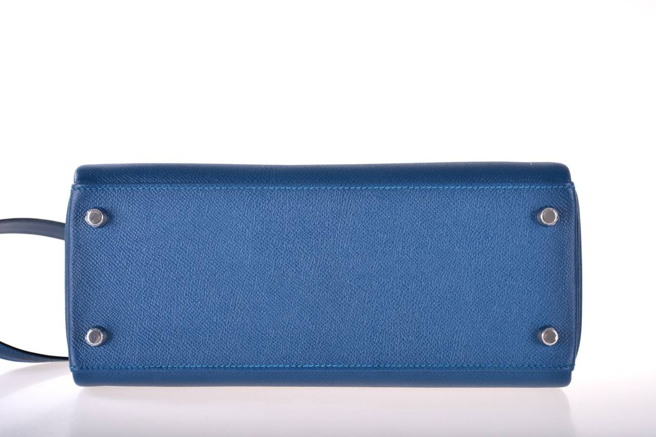 HERMES KELLY BAG 28CM BLUE THALASSA EPSOM PHW INCREDIBLE COLOR! JaneFinds For Sale 4