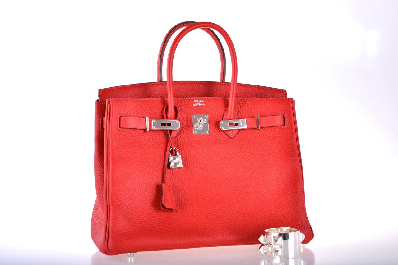 As always, another one of my fab finds! Hermes 35cm Birkin in beautiful IMPOSSIBLE TO GET NEW ROUGE CASAQUE! THE BRIGHTEST RED FROM HERMES with PALLADIUM hardware & CLEMENCE leather!

This bag comes with lock, keys, clochette, a sleeper for the