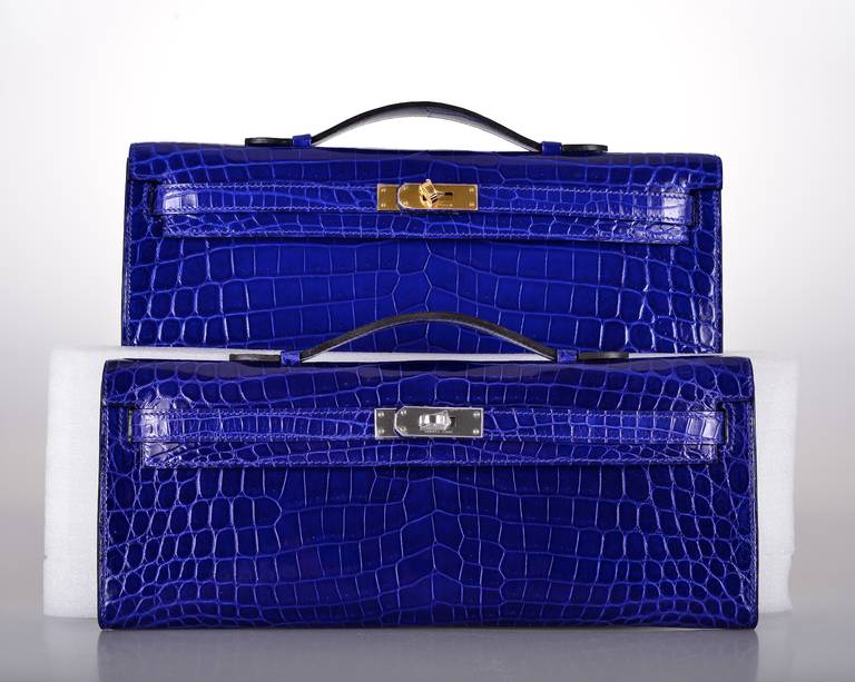 HERMES CROCODILE BAG KELLY CUT CLUTCH POCHETTE Blue ELECTRIC PALL ...  