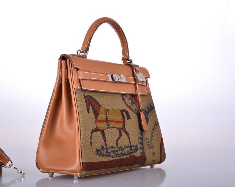 Rare Hermes e Kelly Bag Barenia Horse Print Toile PHW 32 cm