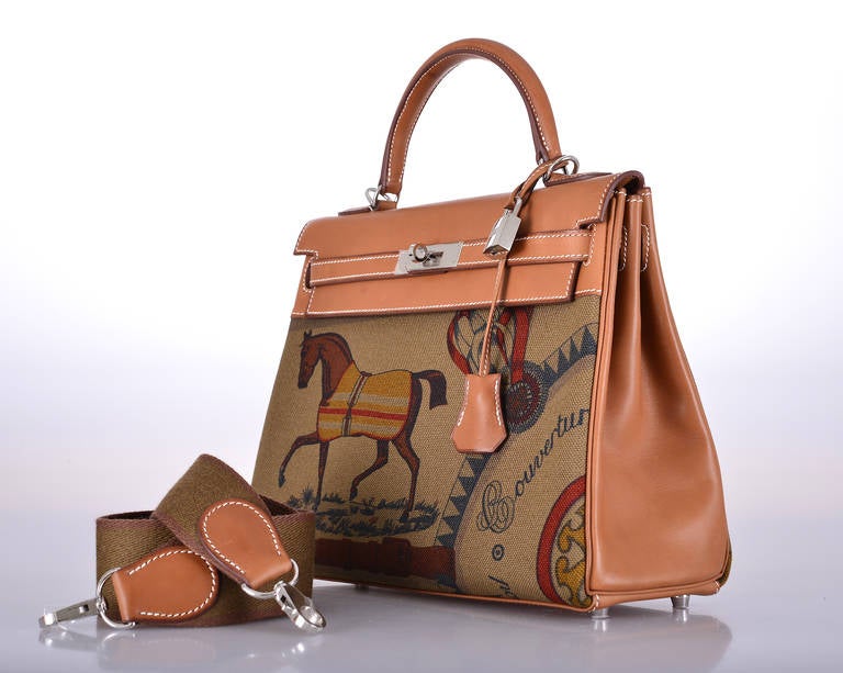 HERMES KELLY BAG 28CM E BARENIA / TOILE HORSE PRINT JaneFinds