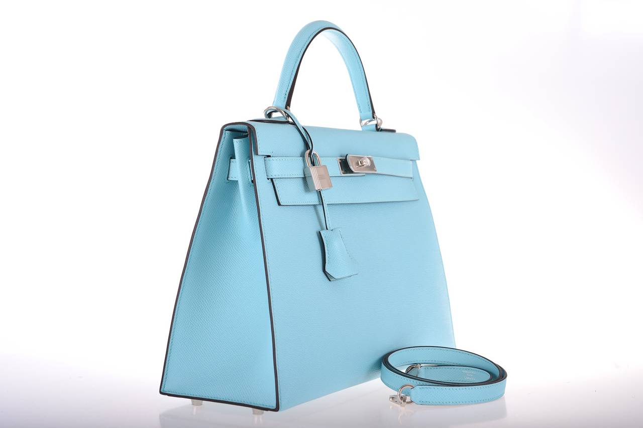 HERMES KELLY BAG BLUE BLEU ATOLL TOGO PALL HARDWARE JaneFinds In New Condition For Sale In NYC Tri-State/Miami, NY