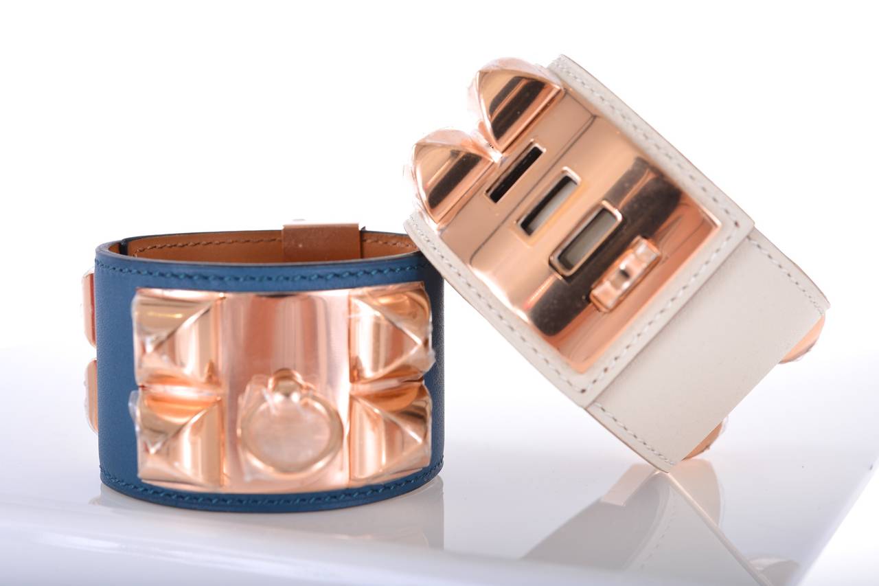 HERMES CDC COLLIER DE CHIEN BRACELET BLUE COLVERT ROSE GOLD MEDOR ...  