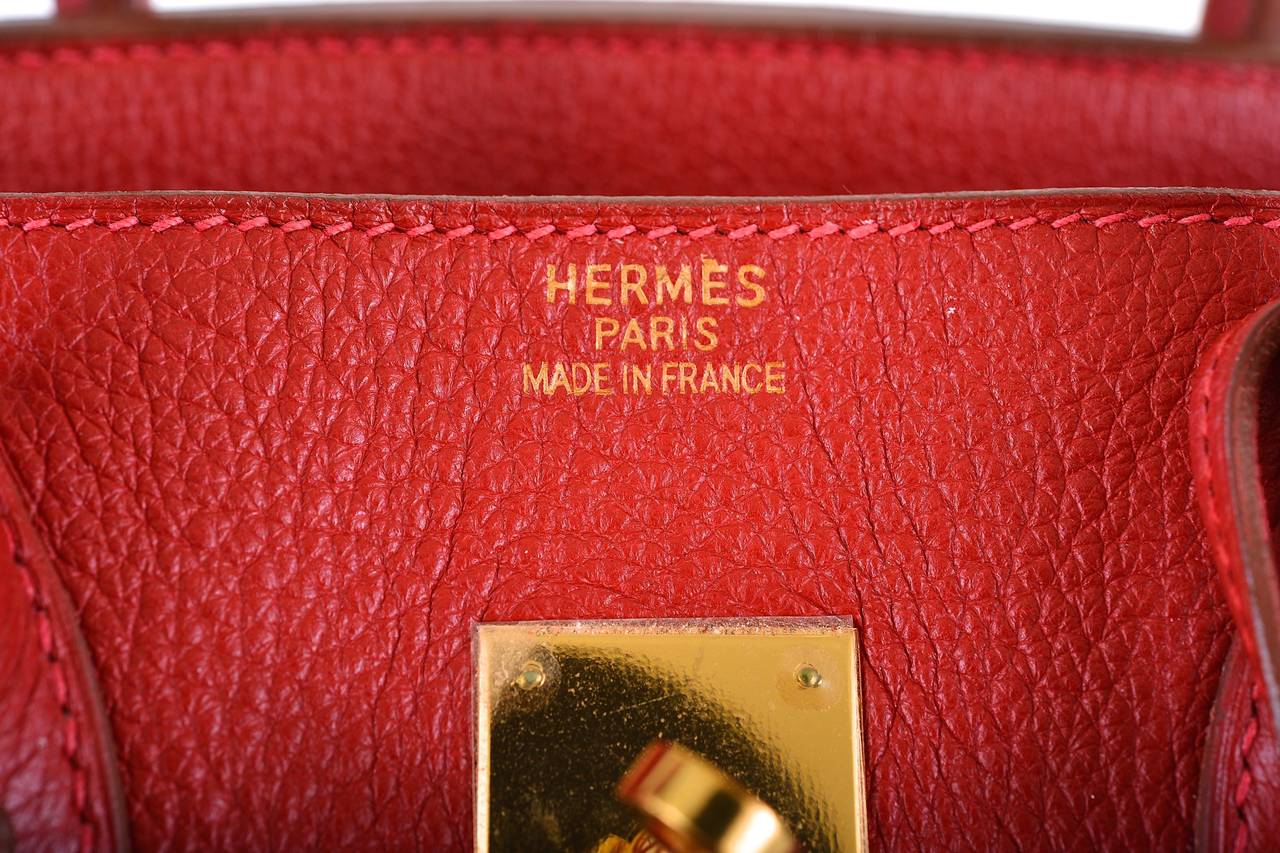 35CM BIRKIN BAG IN VIBRANT VERY RARE ROUGE VIF WITH GOLD HARDWARE IN GORGEOUS TOGO LEATHER! 

THIS BAG IS PRE-LOVED. EXCELLENT CONDITION. THE HARDWARE LOOKS NEW! NOT ONE SCRATCH. NO PLASTIC. 

DESCRIPTION:
Brand / Designer: HERMES
Color: ROUGE