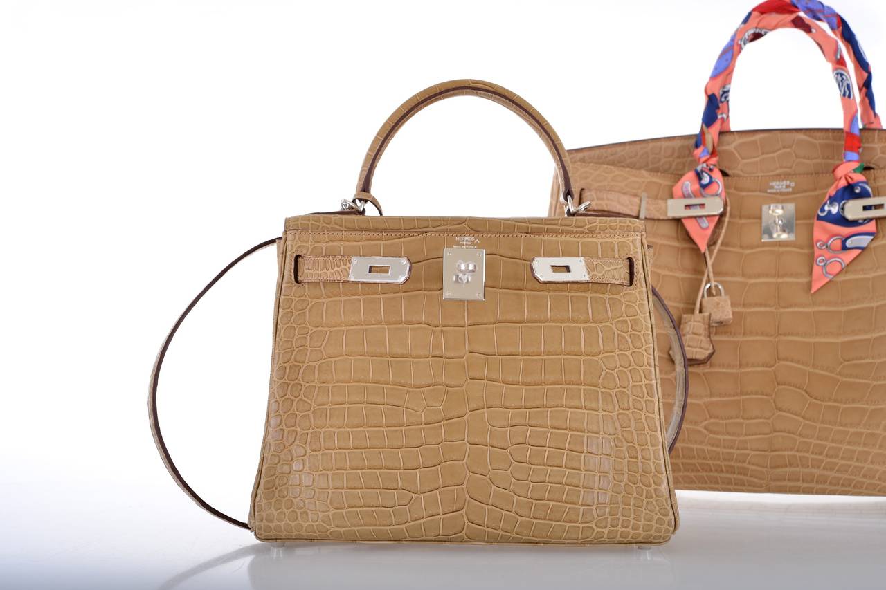 HERMES KELLY BAG 28CM POUSSIERE MATTE POROSUS CROCODILE JaneFinds In New Condition In NYC Tri-State/Miami, NY