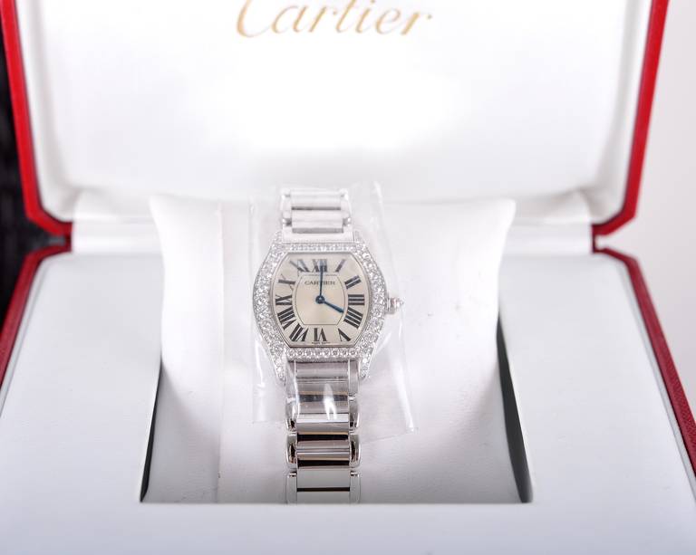 Cartier Lady's White Gold and Diamond Tortue Wristwatch with Bracelet In New Condition In NYC Tri-State/Miami, NY