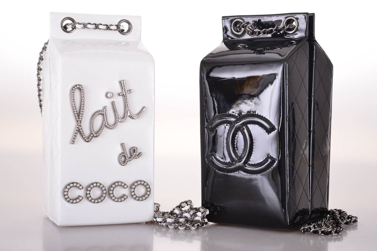 LIMITED EDITION CHANEL MILK CARTON THE BEST THING EVER! EVEN FOR THE LACTOSE INTOLERANT GIRLS :)

PERFECT CROSS BODY OR DOUBLE IT FOR A SHOULDER LOOK. WILL FIT ALL THE NECESSITIES.

THIS BAG WAS ONLY OFFERED TO VIP CLIENTELE. THE SPARKLE I CANT