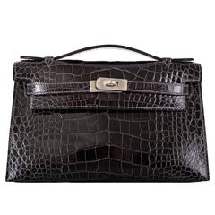 HERMES KELLY CLUTCH POCHETTE GRAPHITE CROCODILE ALLIGATOR Bag JaneFinds