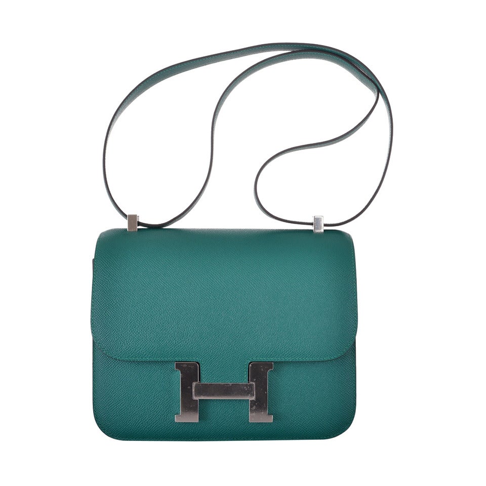 HERMES CONSTANCE BAG 24cm DOUBLE GUSSET MALACHITE EPSOM LEATHER JaneFinds For Sale