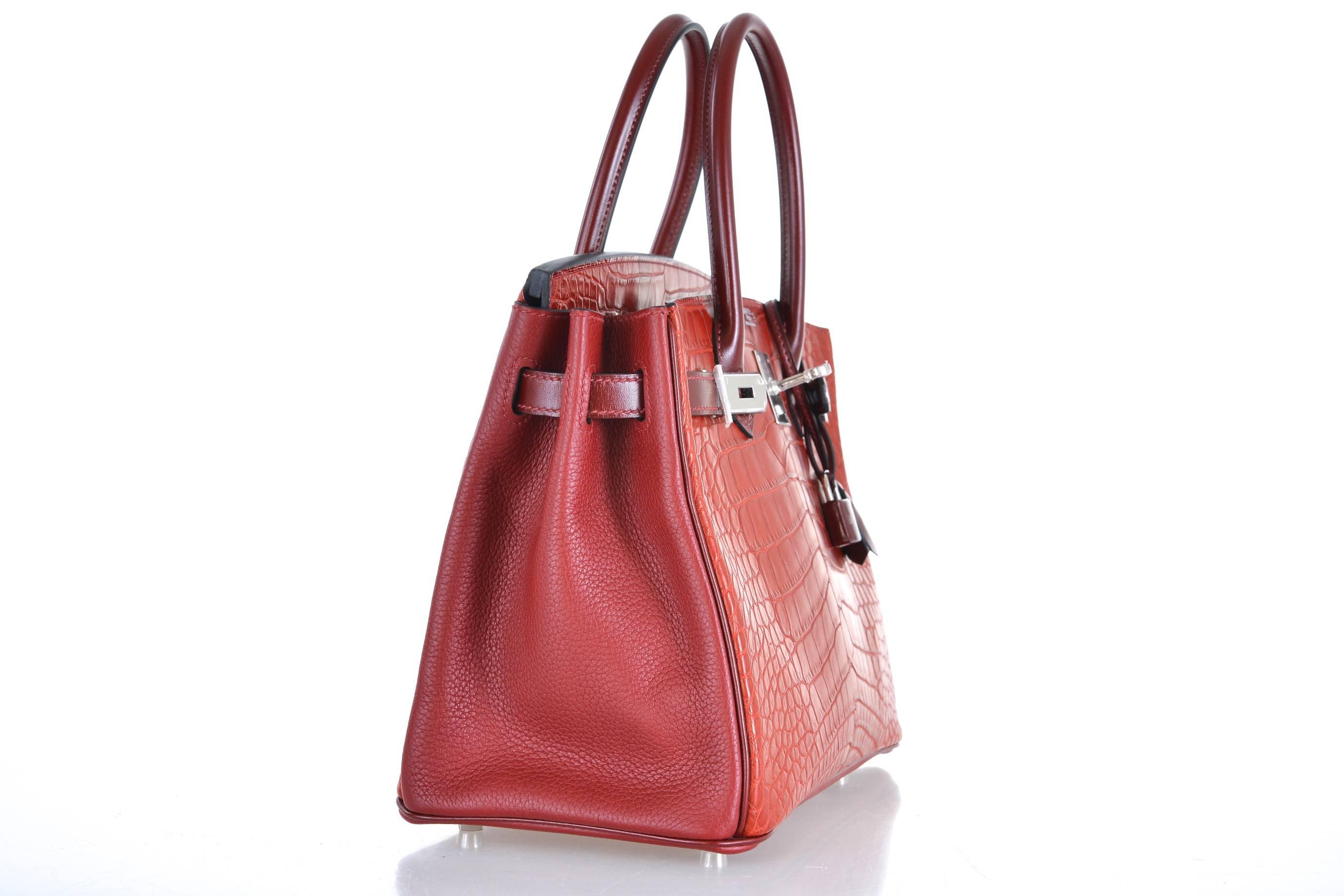 HERMES BIRKIN BAG 30CM ROUGE H MATTE ALLIGATOR WITH LEATHER MIX JaneFinds In New Condition In NYC Tri-State/Miami, NY