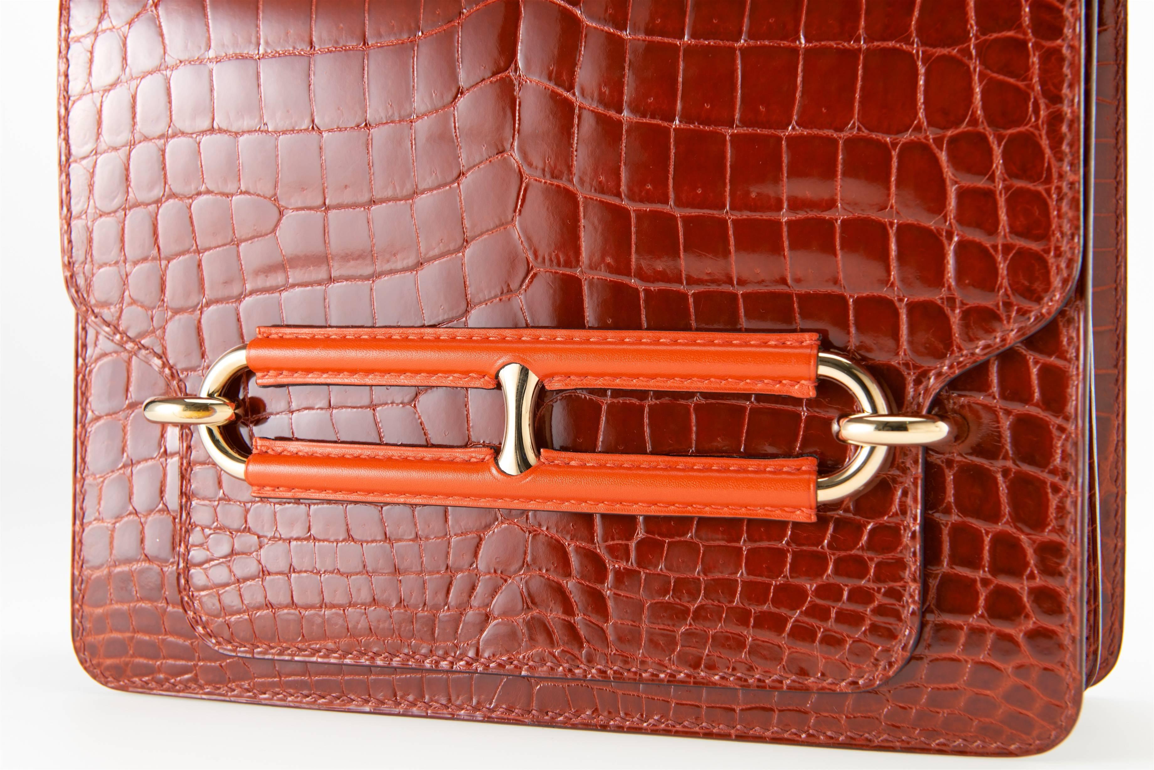 Women's HERMES ROULIS BAG SHINY ROUGE H NILO CROCODILE W PERMABRASS HARDWARE JaneFinds