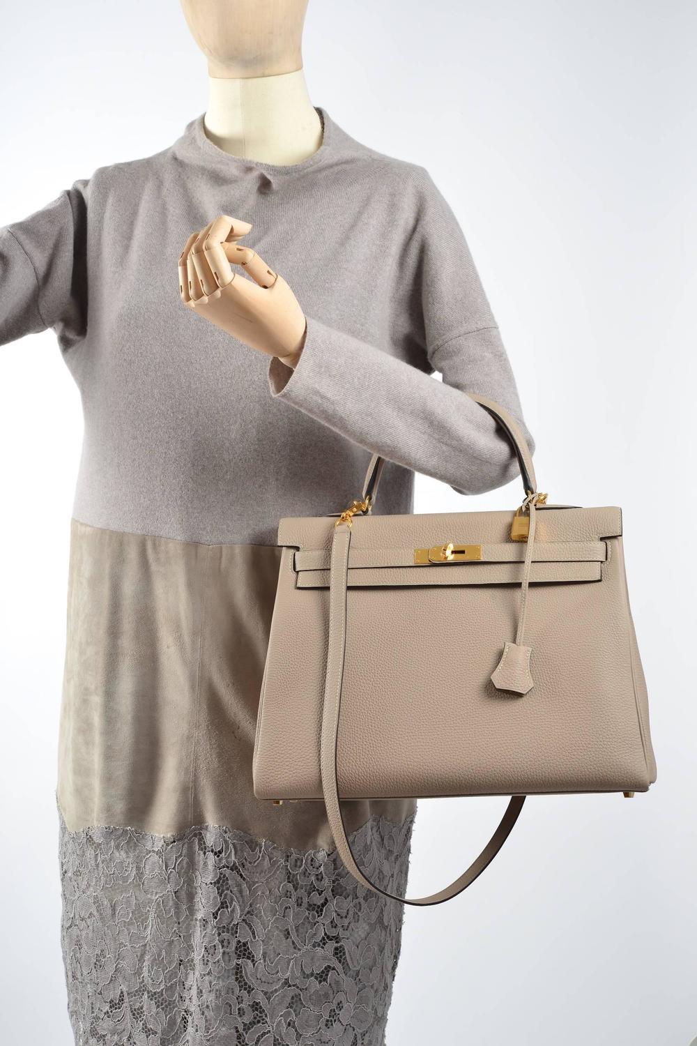 HERMES KELLY BAG GRIS TOURTERELLE 35cm GREY TOGO GOLD HARDWARE ...