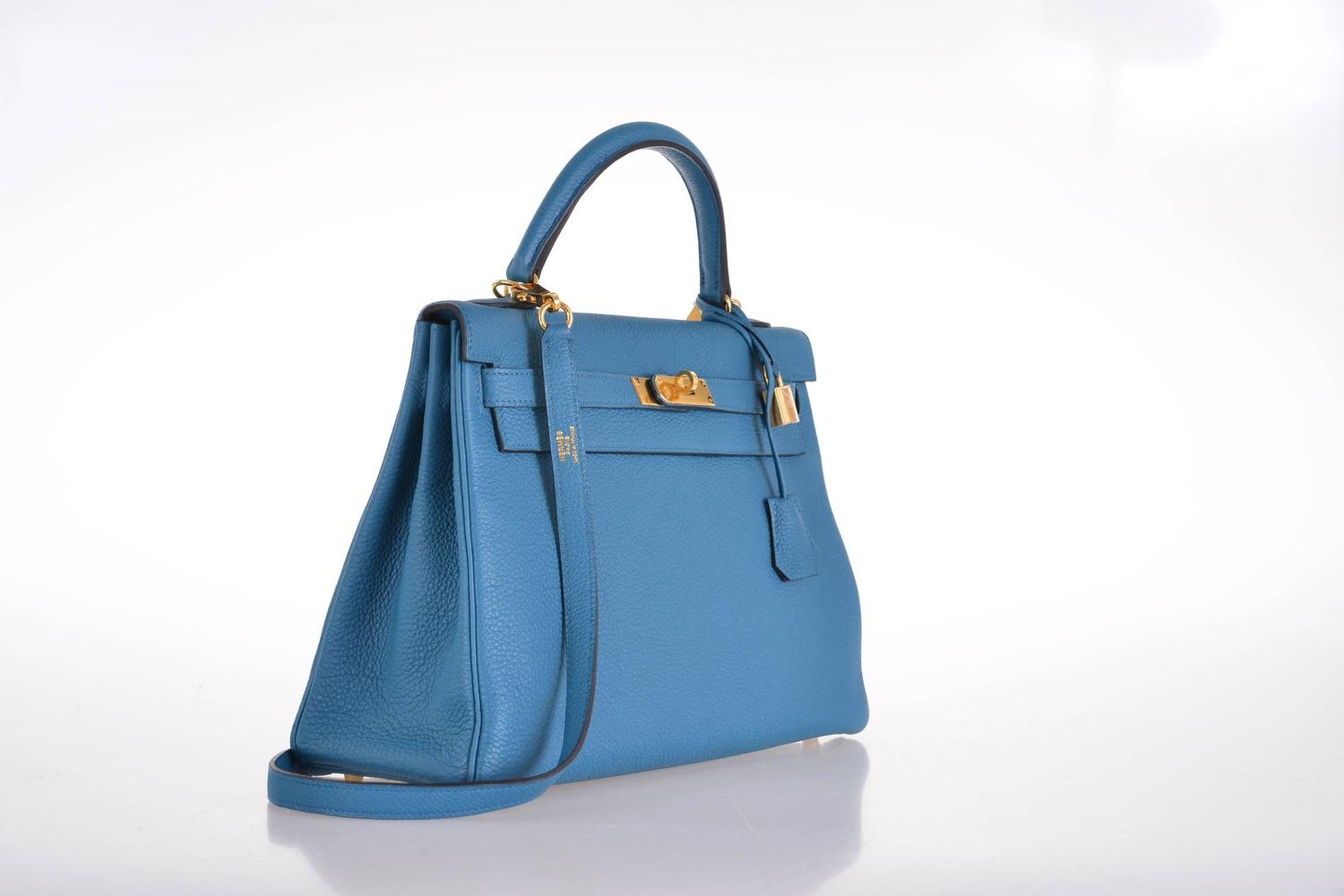 HERMES KELLY 32CM BAG THALASSA BLUE TOGO GOLD HARDWARE JaneFinds ...