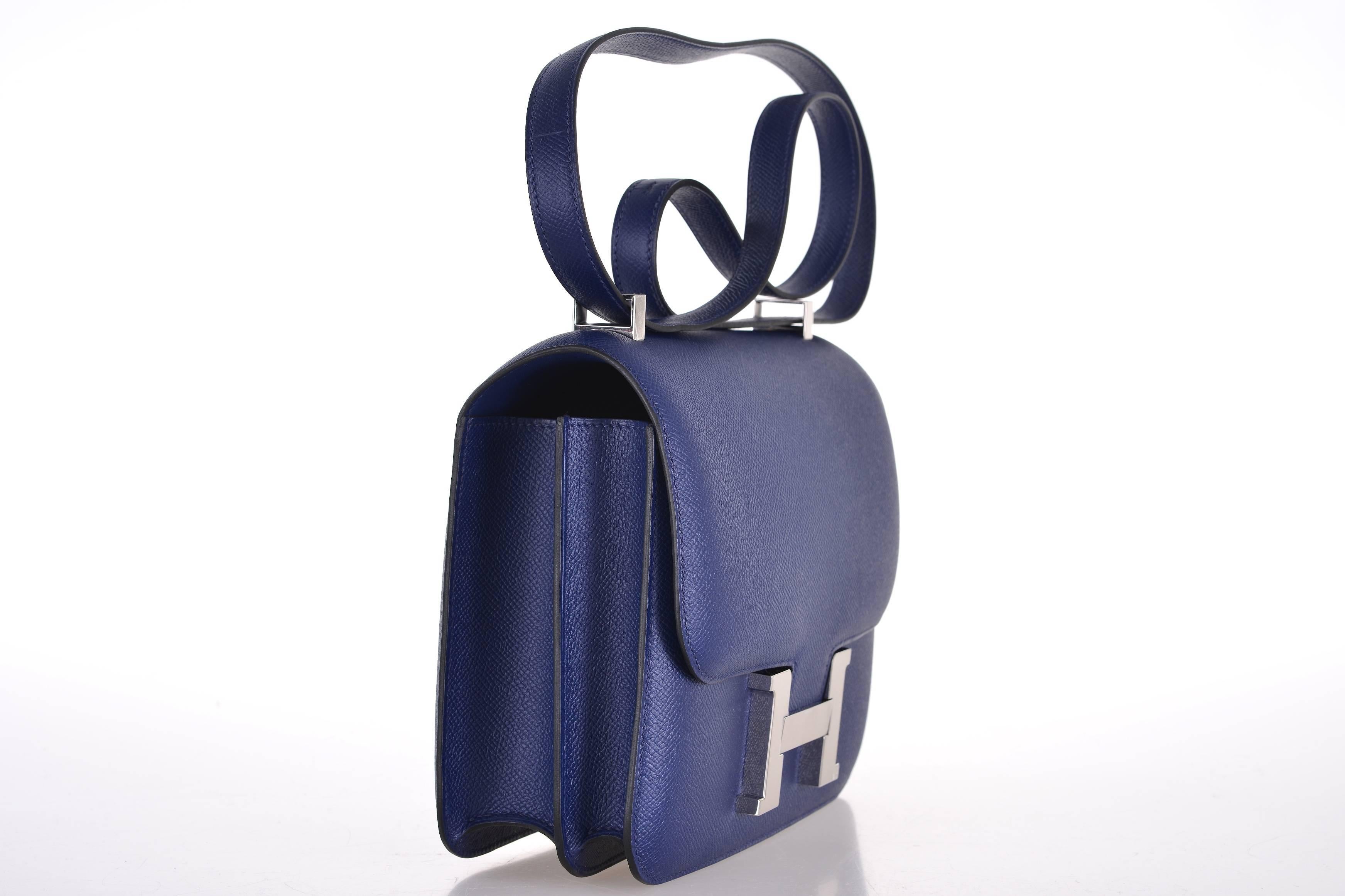 As always, another one of my fab finds! Hermes Constance in a PERFECT size 24cm! BLUE SAPPHIRE! Very rare to find this bag in epsom. Actually big enough for everyday use. Comfy double strap that is perfect to carry cross body!

This bag is brand