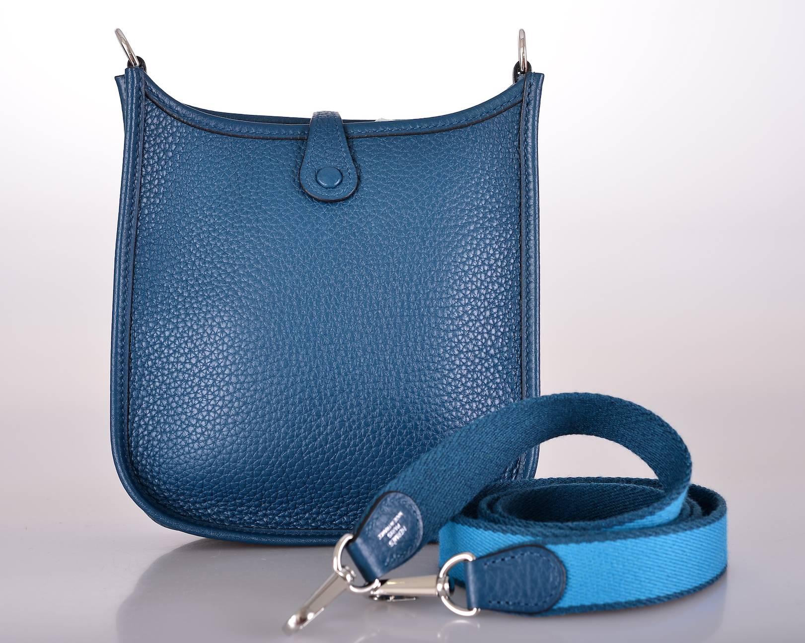 HERMES EVELYNE 16 TPM MINI COLVERT / TURQUOISE W AMAZONE STRAP JaneFinds In New Condition In NYC Tri-State/Miami, NY