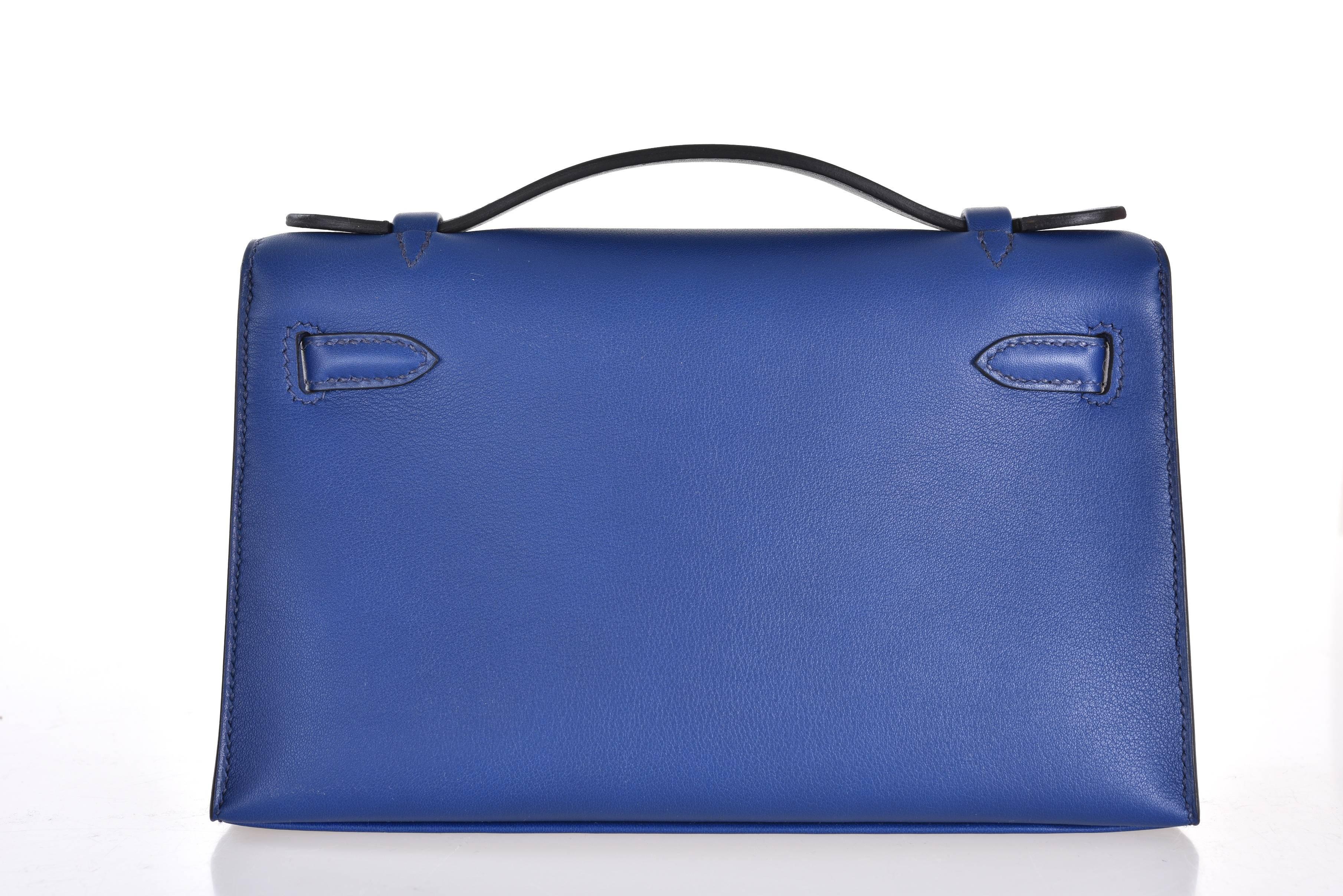 Hermes Sapphire Mini Kelly Pochette Palladium Hardware JaneFinds In New Condition For Sale In NYC Tri-State/Miami, NY