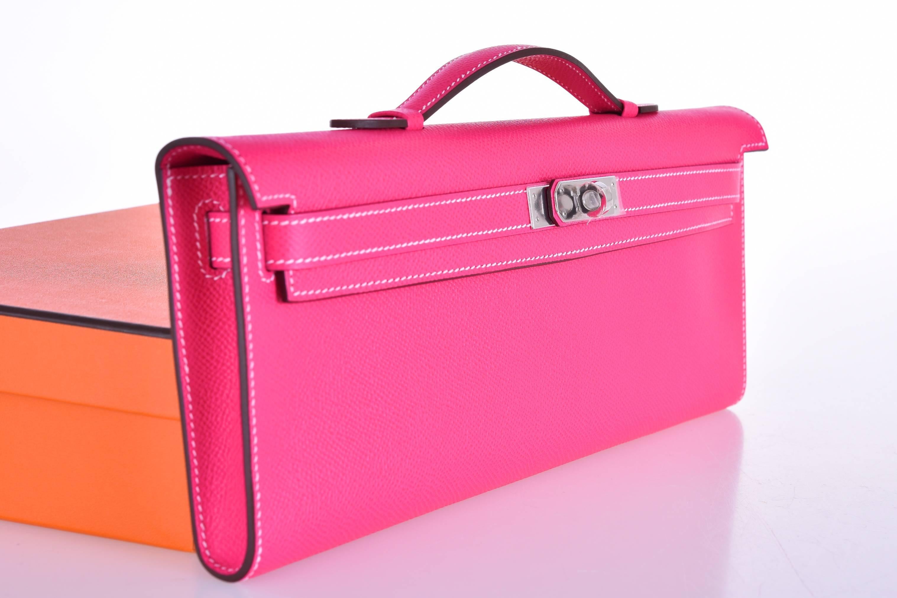 Women's Hermes Rose Tyrien epsom Kelly Cut Clutch Amazing Color only on JaneFinds