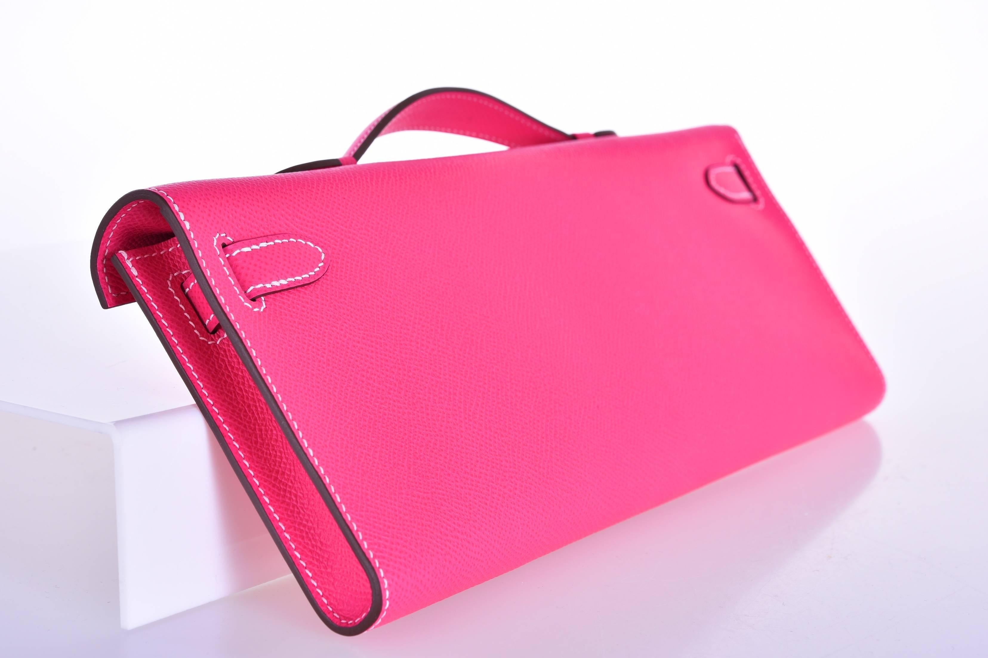 Hermes Rose Tyrien epsom Kelly Cut Clutch Amazing Color only on JaneFinds 1