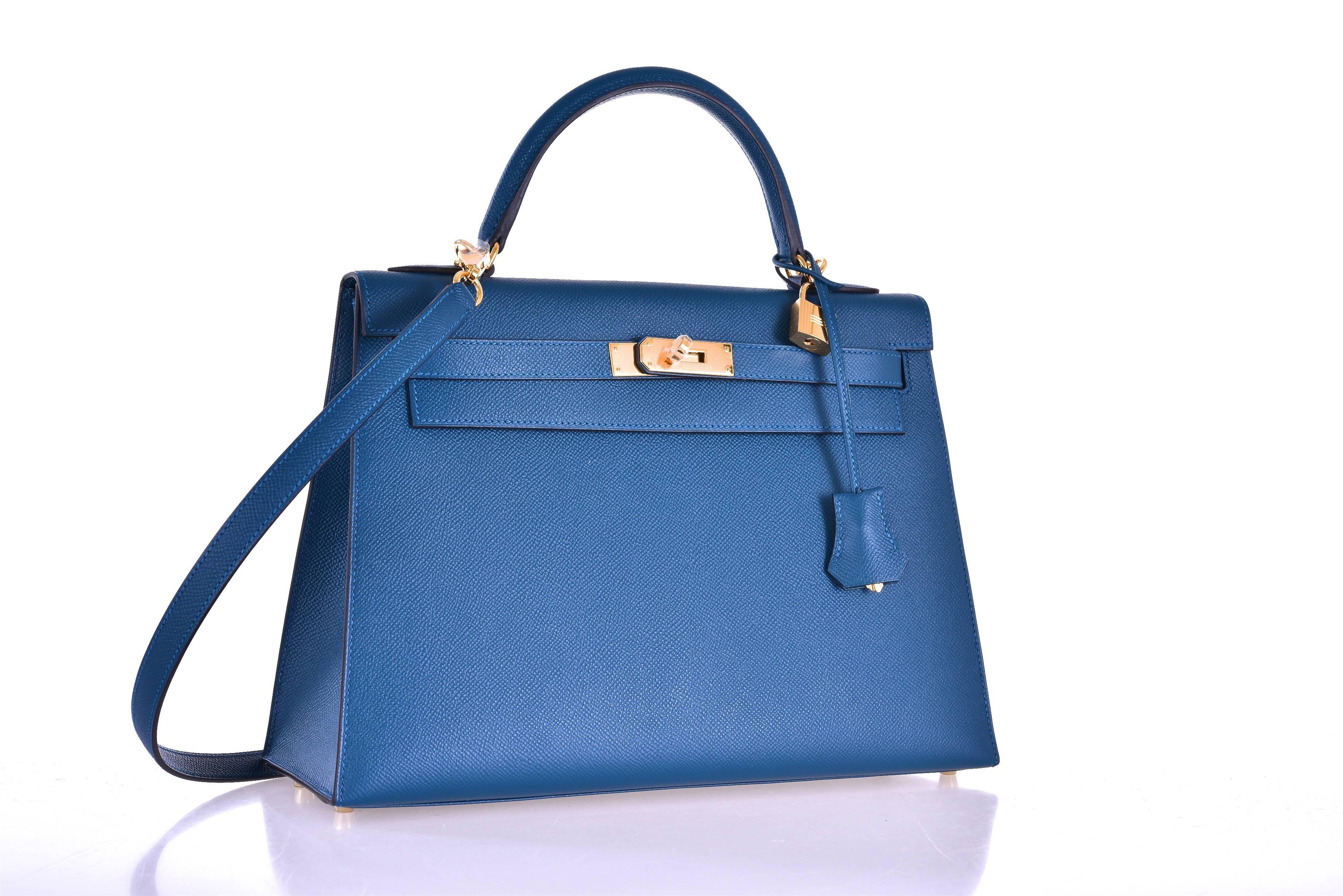 Hermès Kelly 32cm Blaue Colvert Epsom Sellier Gold Hardware Jane Finds im Zustand „Neu“ in NYC Tri-State/Miami, NY