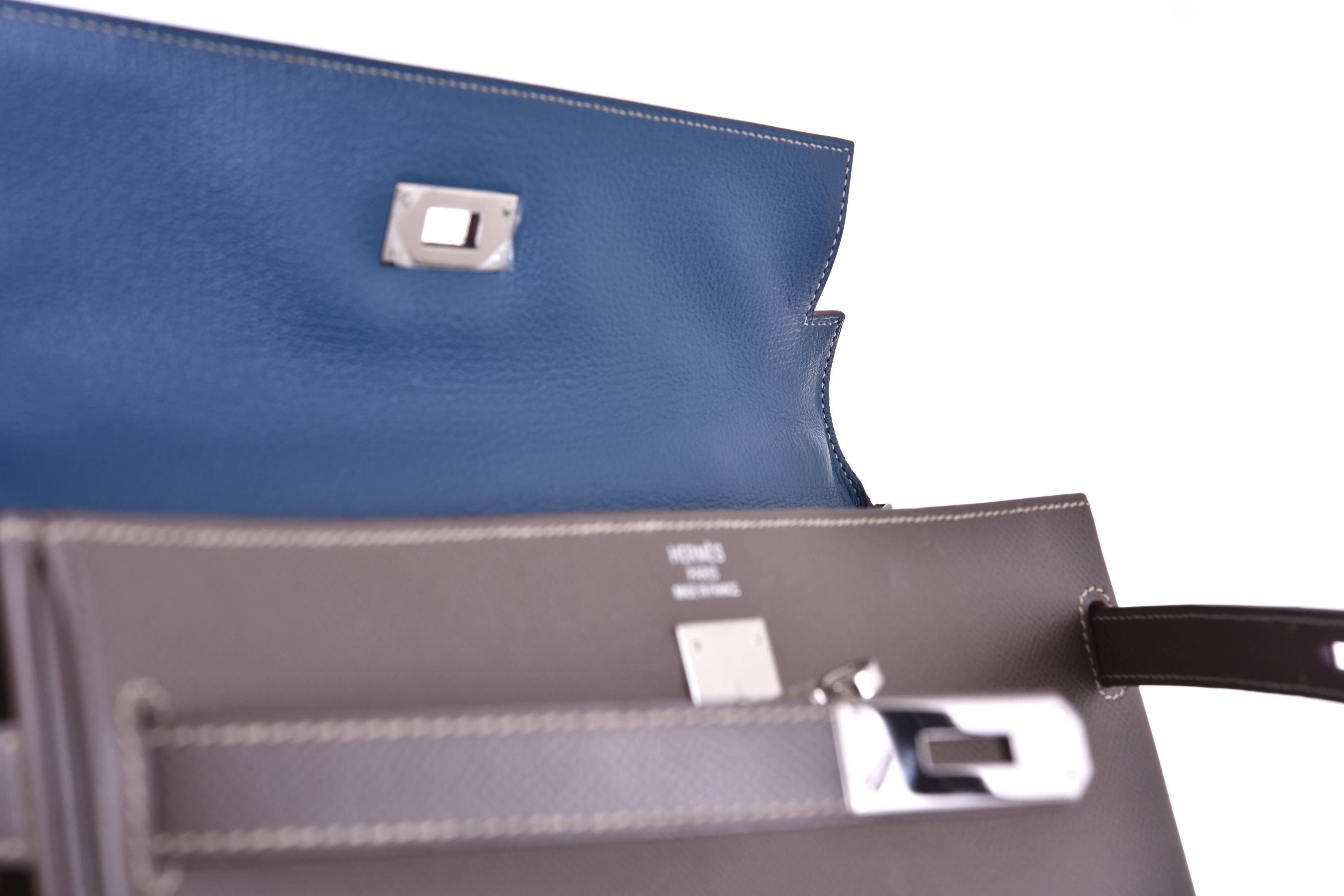 Women's or Men's Hermes Kelly 35cm Bi -color Etain & Blue Thalassa palladium Hardware JaneFinds