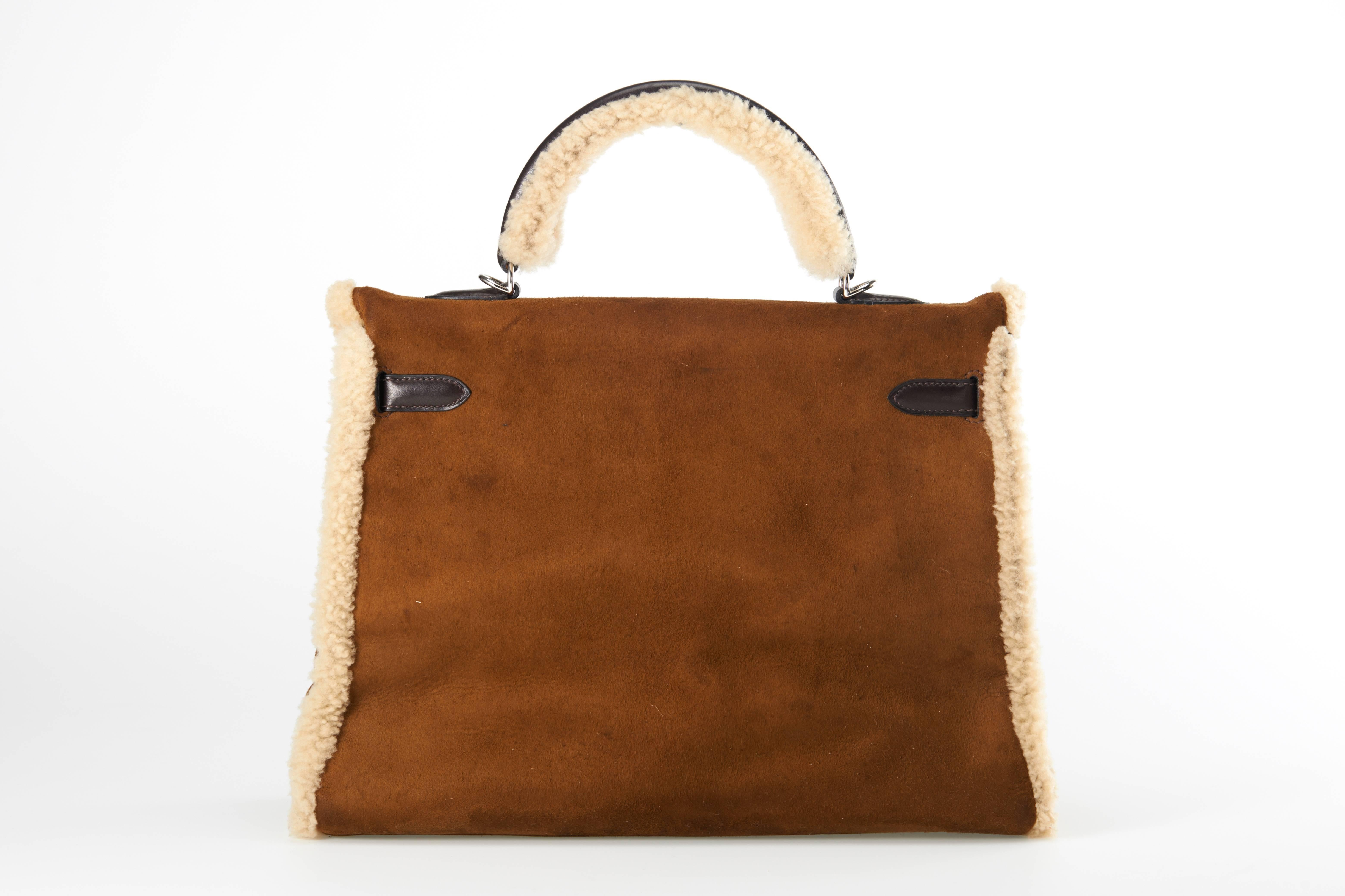 Hermes Limited Edition 35cm Veau Suede & Mouton Shearling Kelly JaneFinds 3