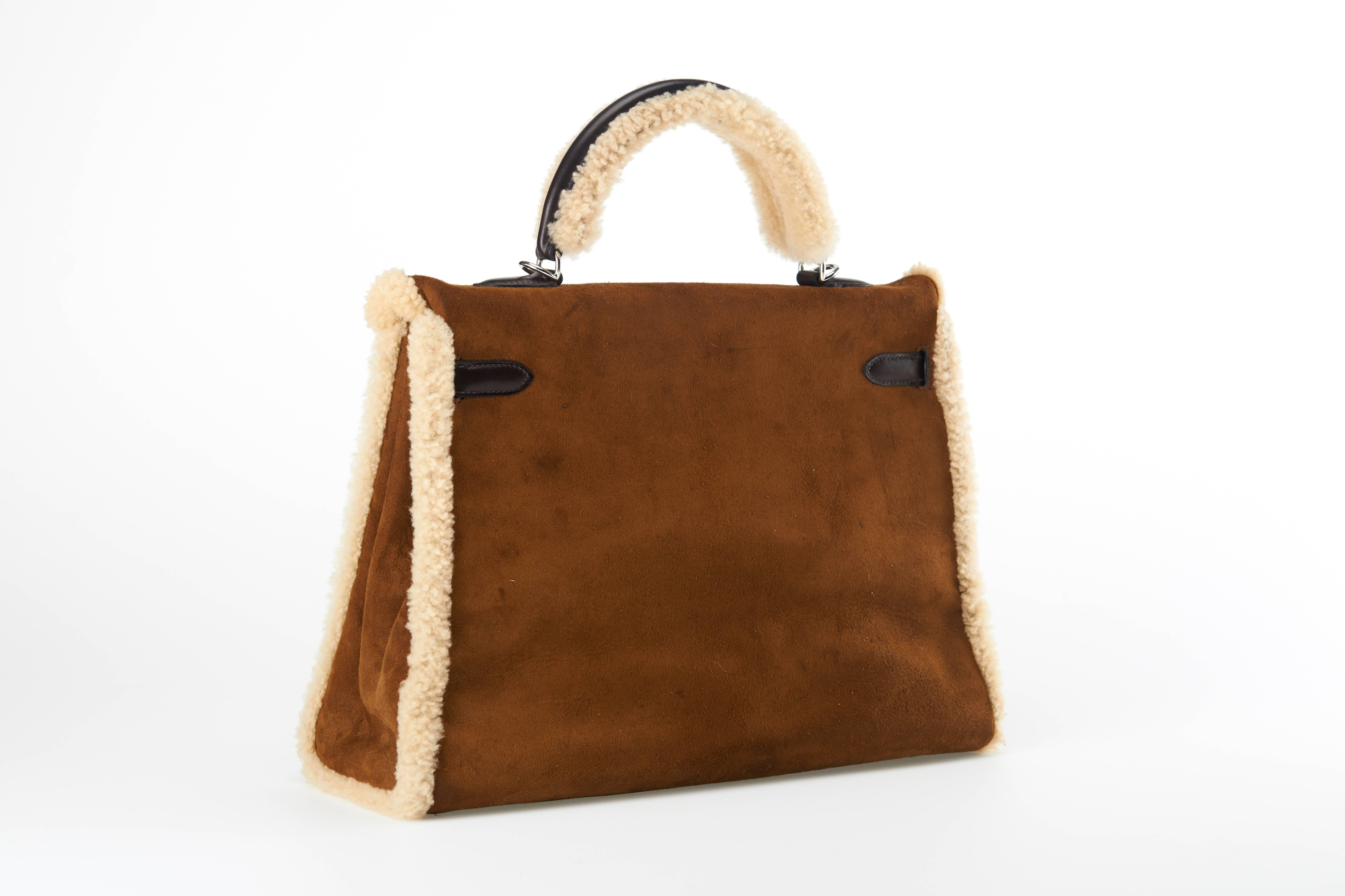 Hermes Limited Edition 35cm Veau Suede & Mouton Shearling Kelly JaneFinds 2