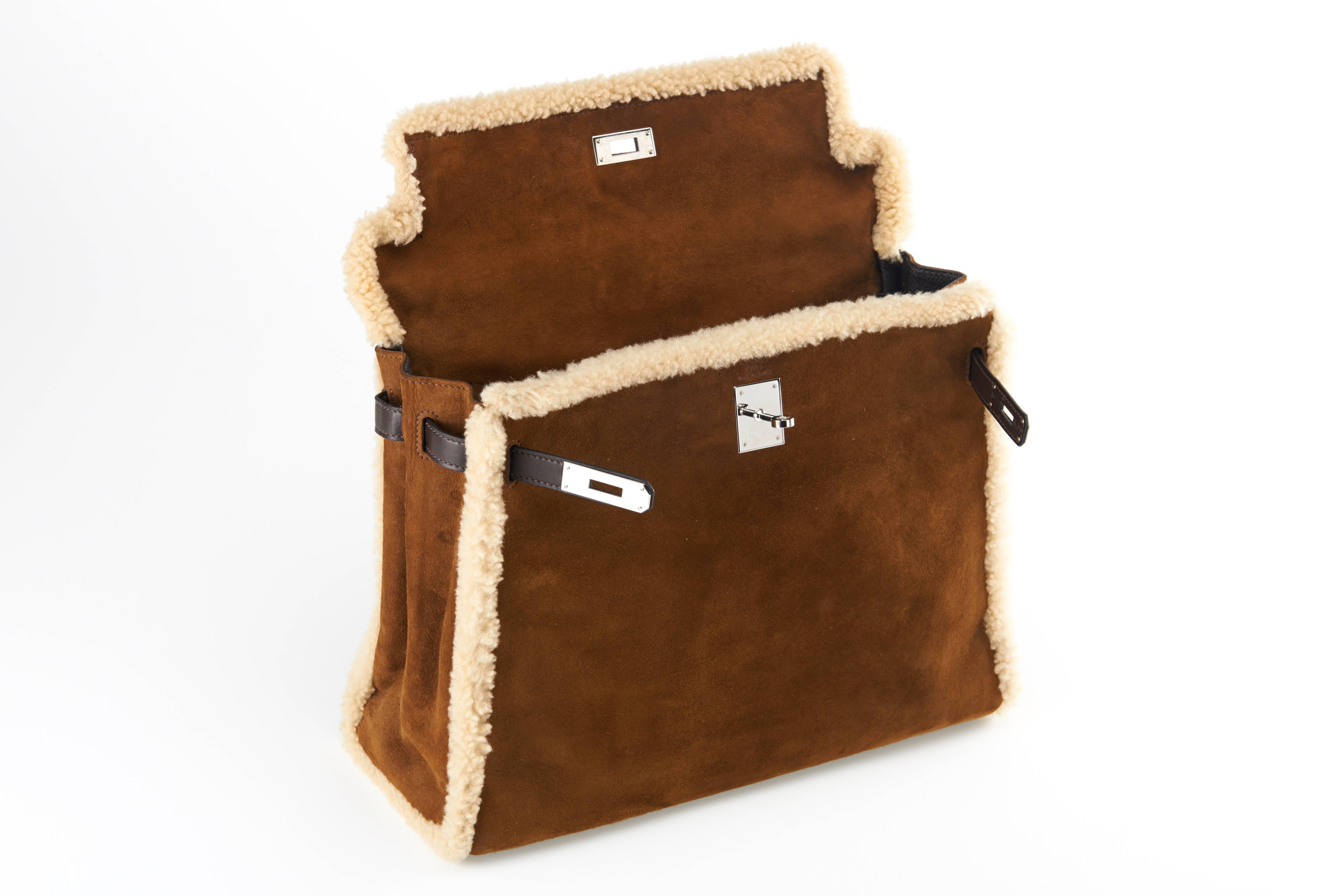 Brown Hermes Limited Edition 35cm Veau Suede & Mouton Shearling Kelly JaneFinds