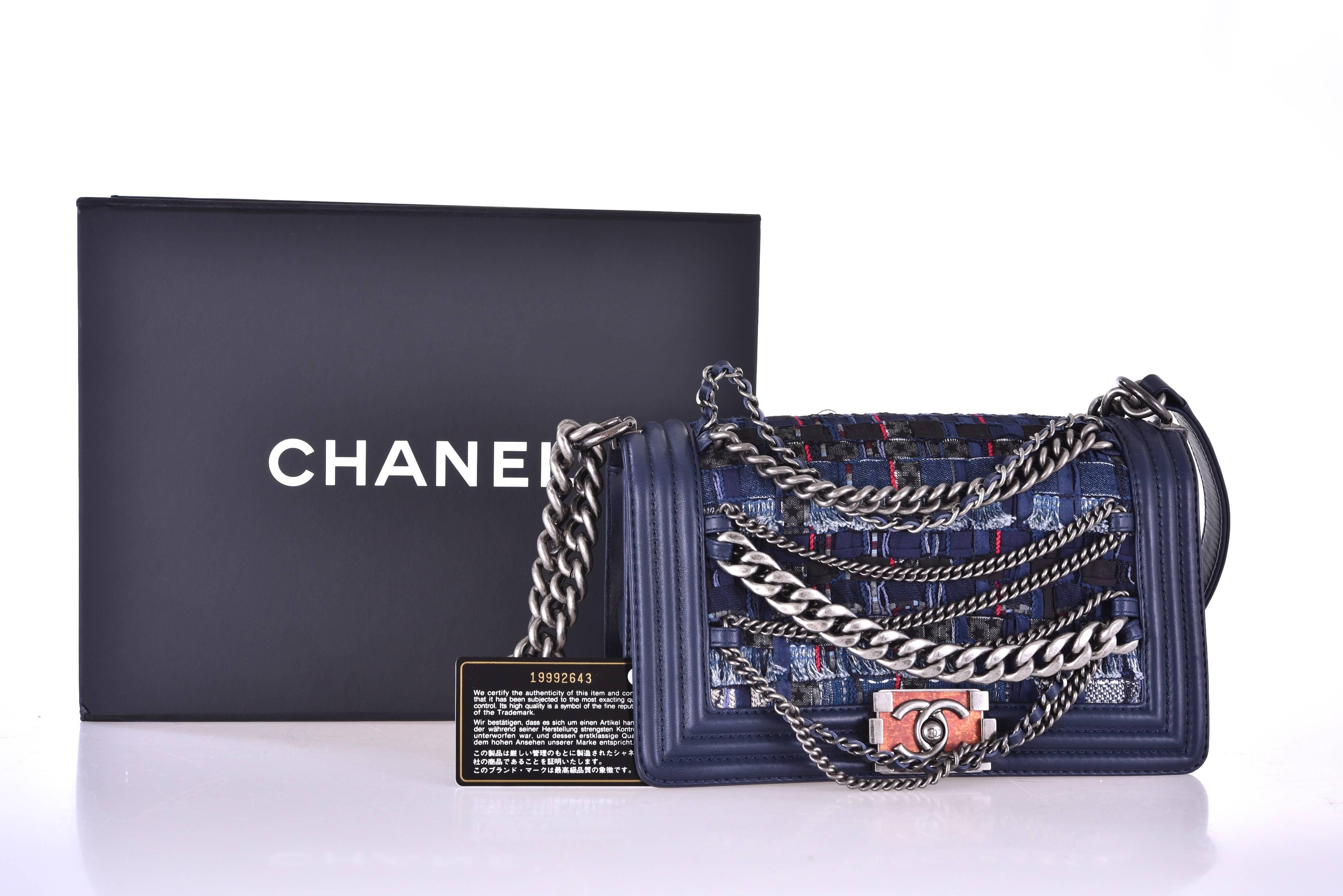 Limited Edition Chanel Tweed Denim Dechained Boy Flap Bag JaneFinds In New Condition In NYC Tri-State/Miami, NY