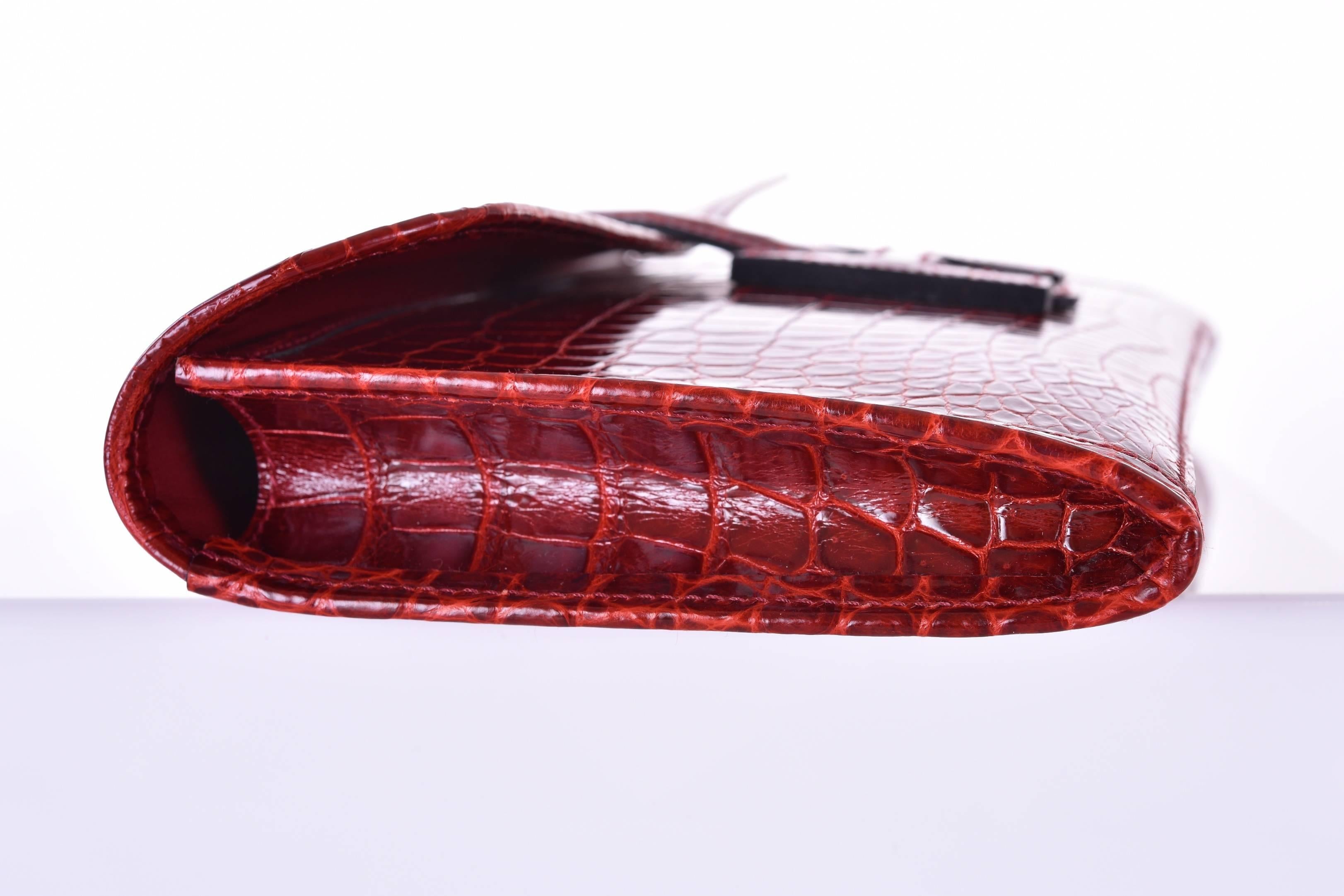 Hermes Jige Elan 29cm Rouge H Shiny Porosus Crocodile In New Condition In NYC Tri-State/Miami, NY
