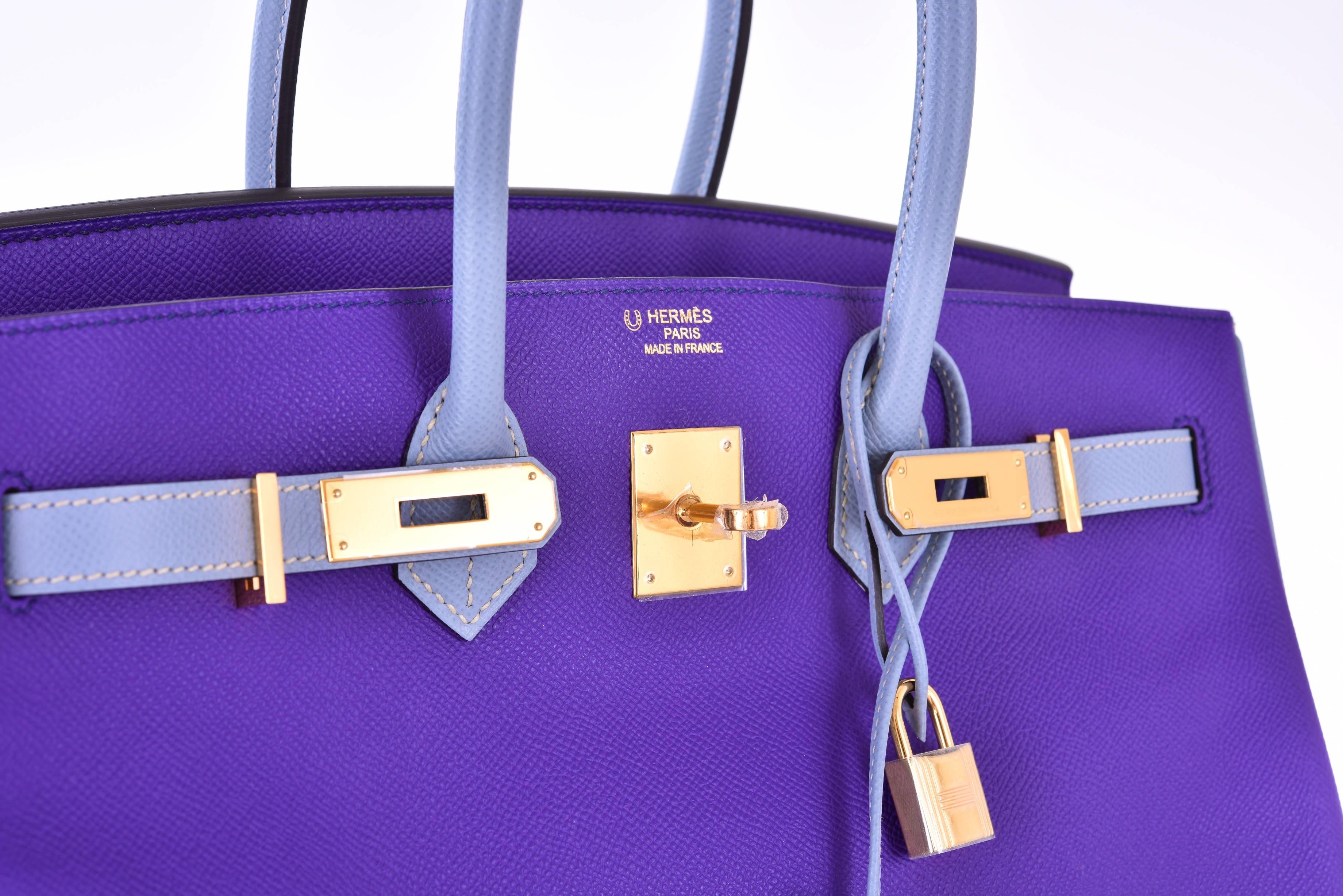Purple Hermes Birkin Bag Special Order Epsom HSS Crocus & Blue Lin GHW JaneFinds For Sale