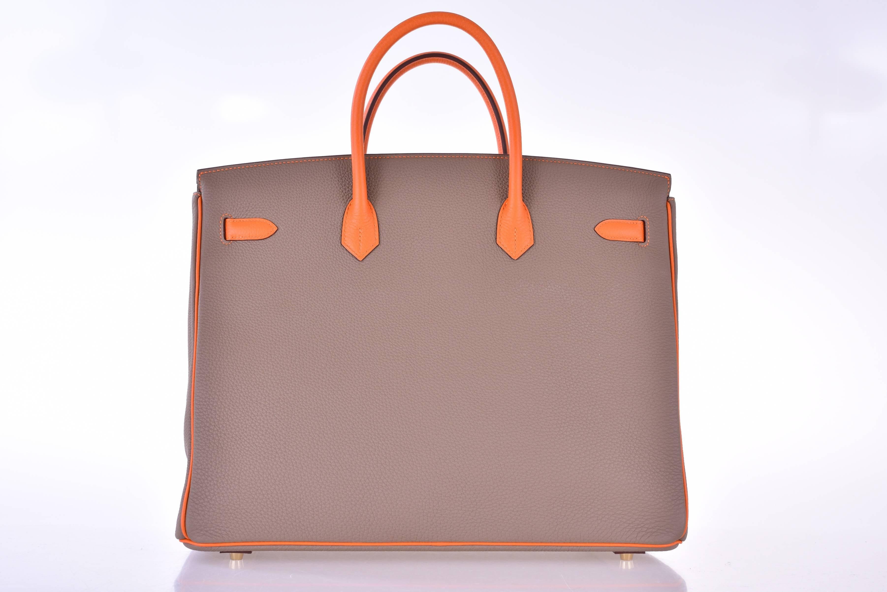Very Special Hermes 40cm Etoupe and orange HSS Birkin Bag with Gold Hardware. 

New 
This Bag Measures: 15.75 (40.5cm) Length x 11in (28cm) Height x 5.5in (14cm) Depth

This 40cm Birkin bag by Hermès in Etoupe with orange interior and piping.