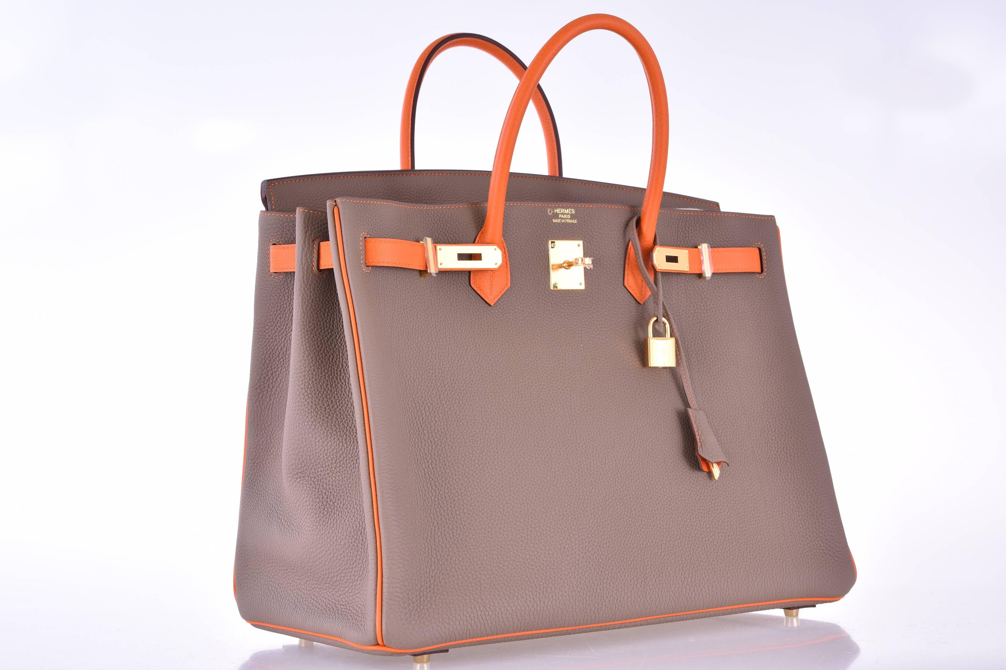 Brown Hermes Birkin Bag Etoupe 40cm Special Order with Orange Gold Hardware JaneFinds