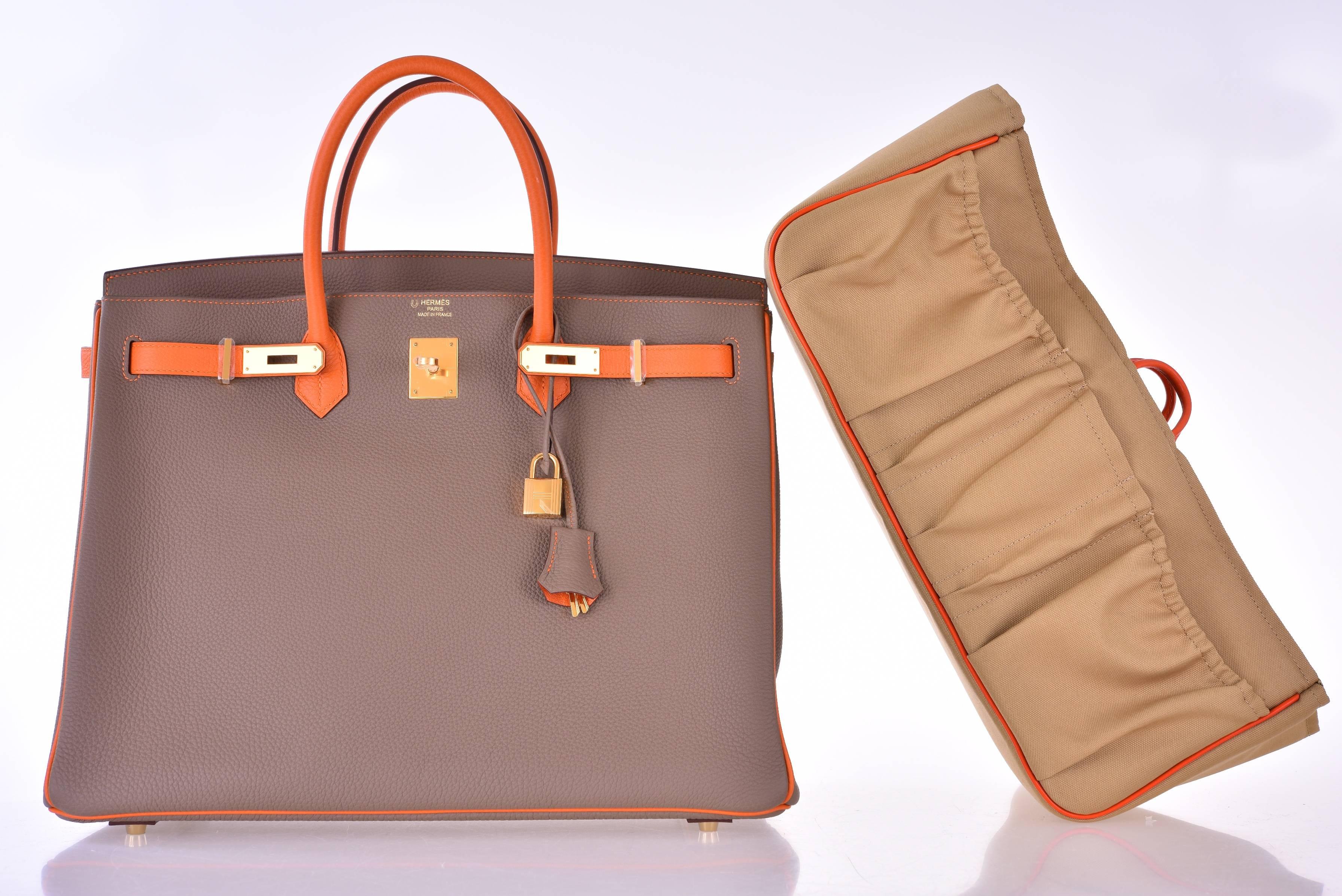 Women's or Men's Hermes Birkin Bag Etoupe 40cm Special Order with Orange Gold Hardware JaneFinds