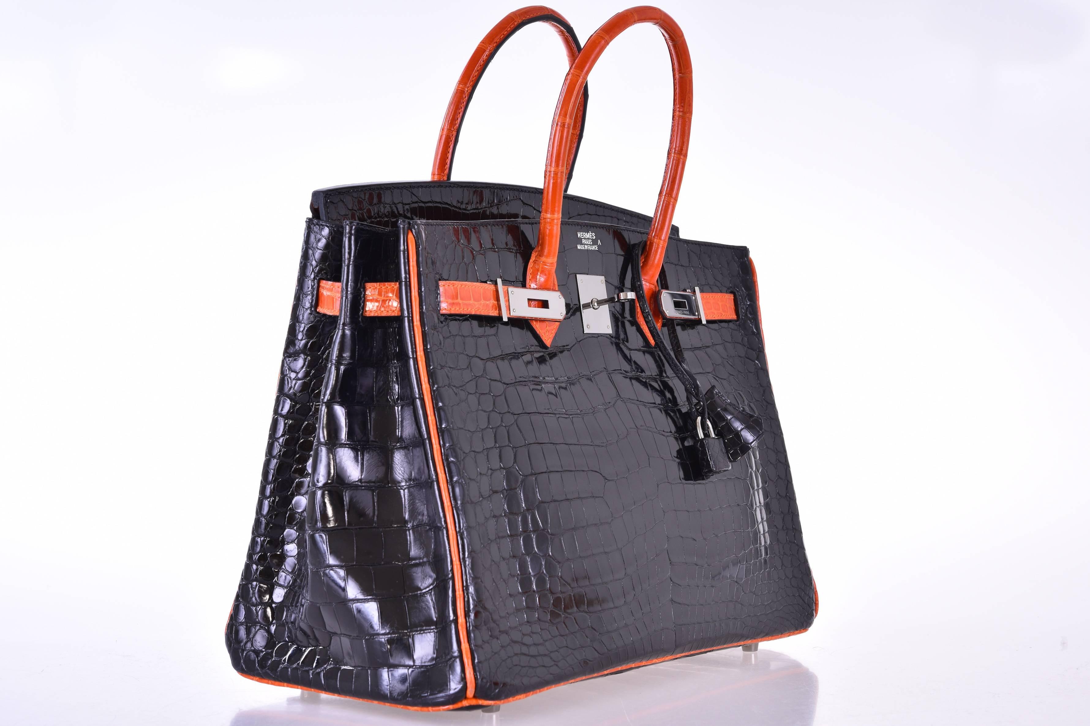 Women's or Men's Hermes 35cm Birkin Bag 2 Tone Black & Orange Porosus with Paladium JaneFinds