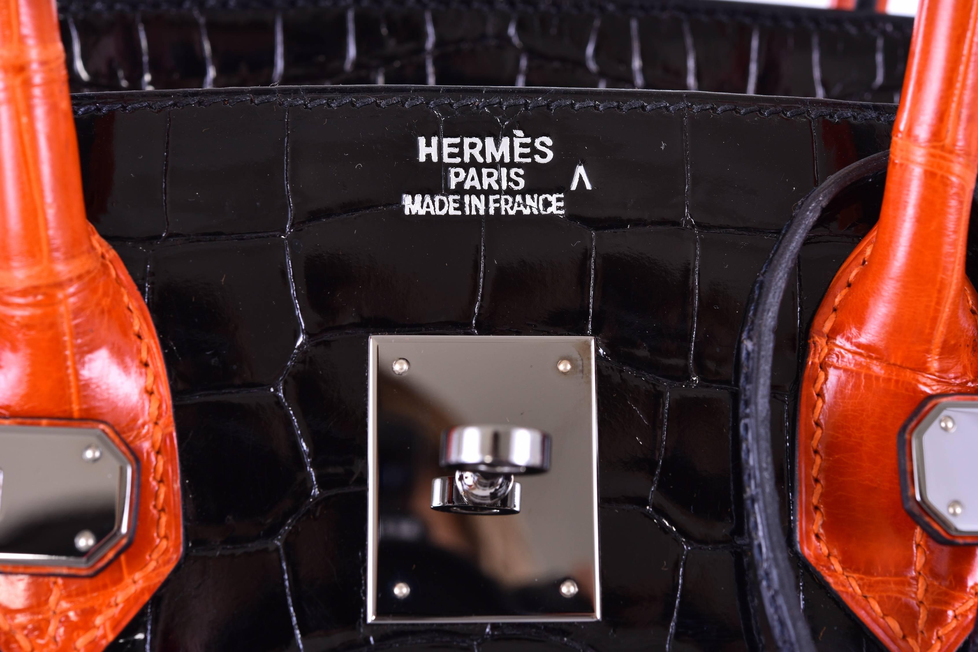 Hermes 35cm Birkin Bag 2 Tone Black & Orange Porosus with Paladium JaneFinds 1