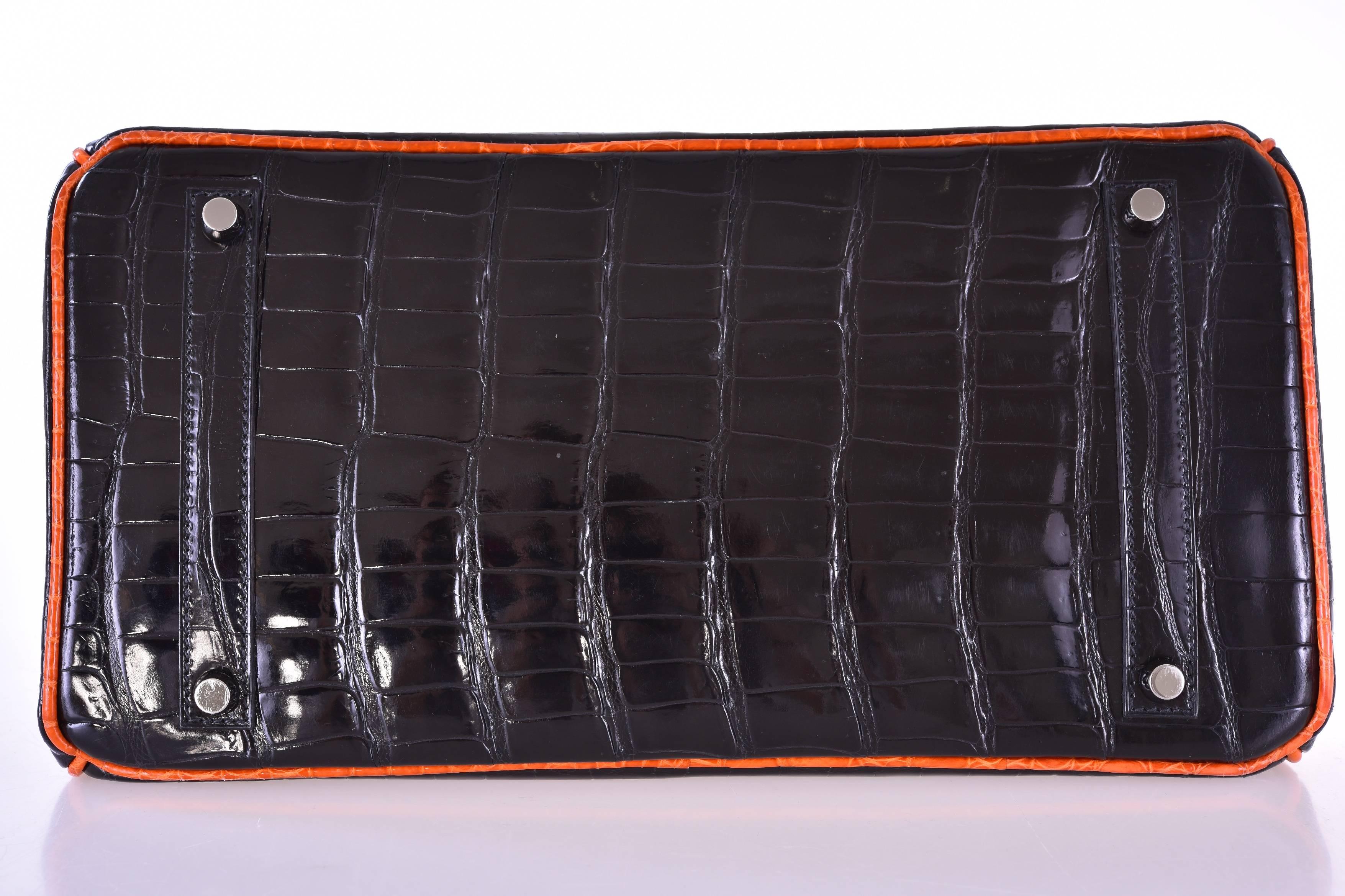 Hermes 35cm Birkin Bag 2 Tone Black & Orange Porosus with Paladium JaneFinds 2