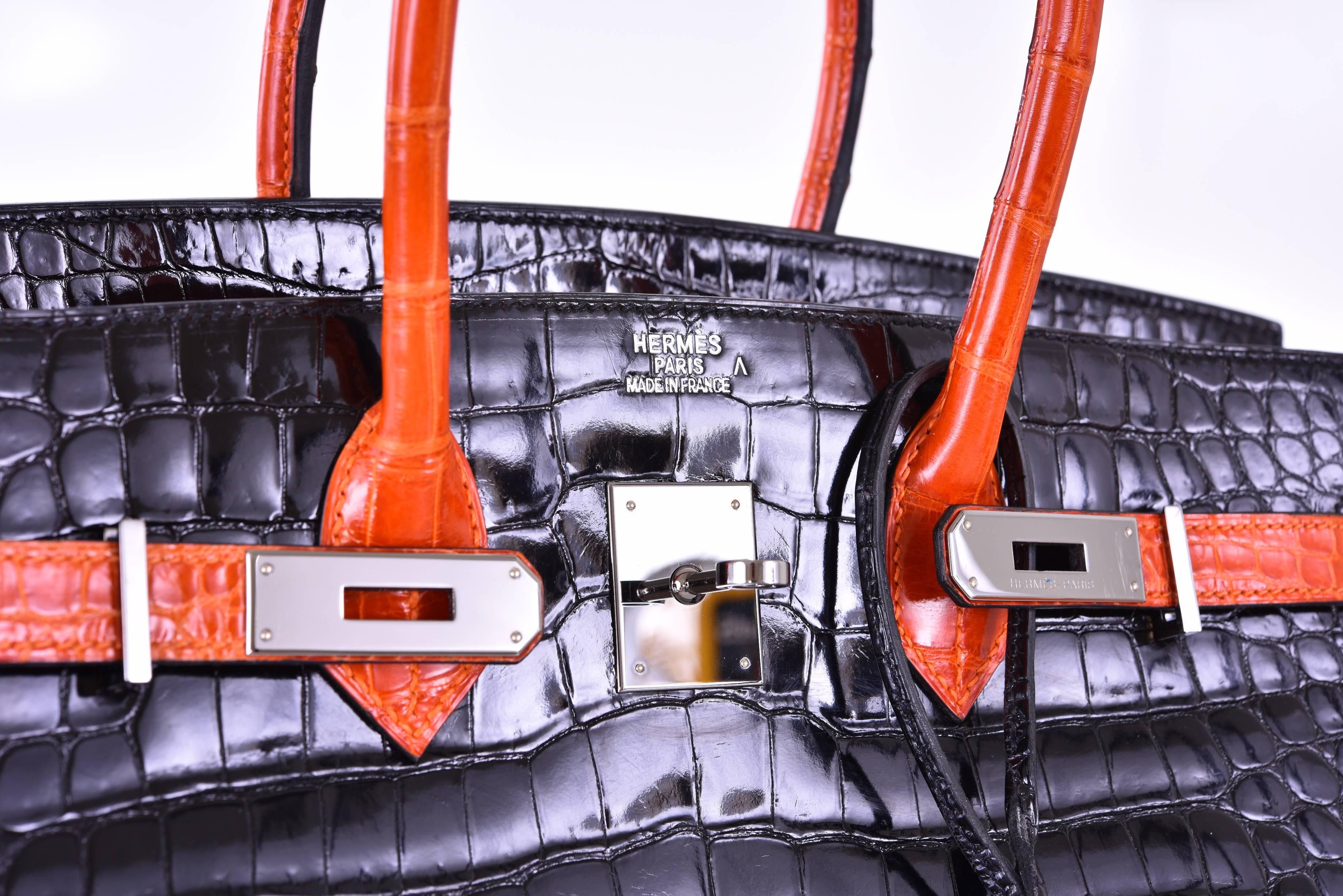 Hermes 35cm Birkin Bag 2 Tone Black & Orange Porosus with Paladium JaneFinds 3