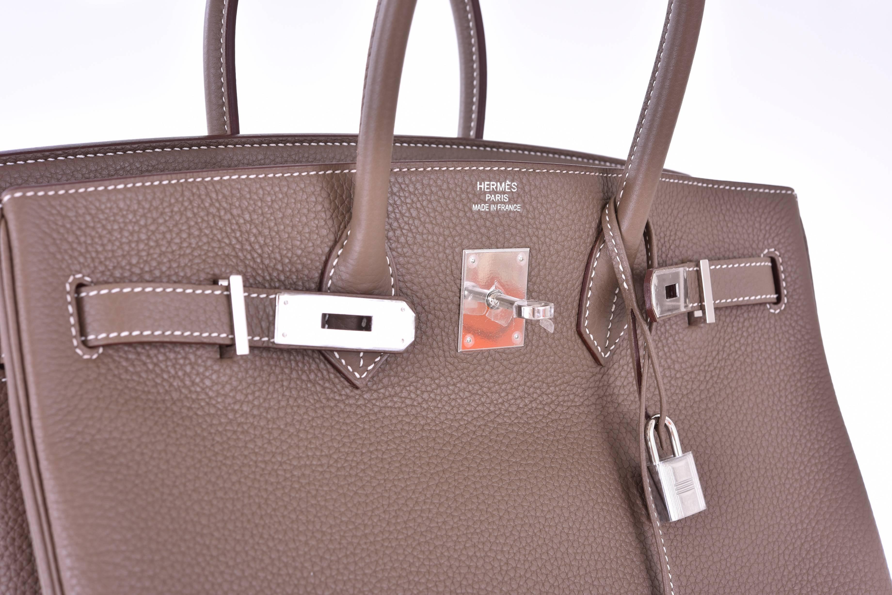 Brown Hermes Birkin Bag 35cm Etoupe Clemence with palladium Hardware JaneFinds For Sale