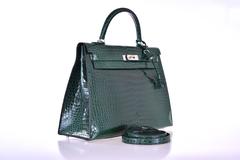 Hermes 35CM Shiny Vert Fonce Porosus Sallier Kelly Bag With Palladium Hardware