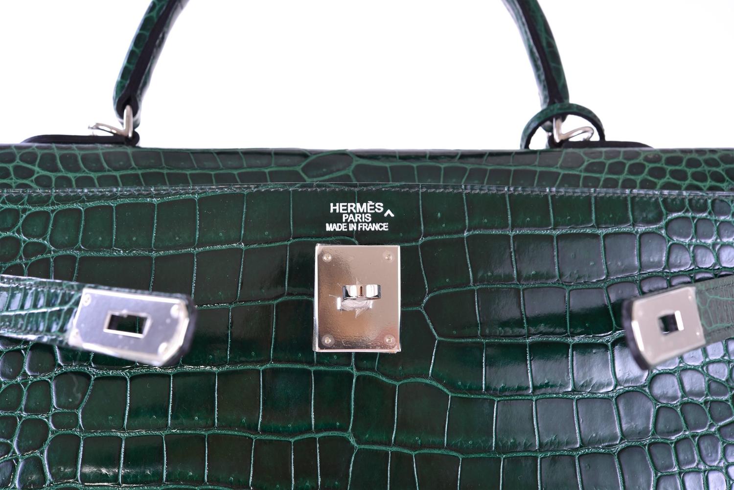 Hermes 35CM Shiny Vert Fonce Porosus Sallier Kelly Bag With ...