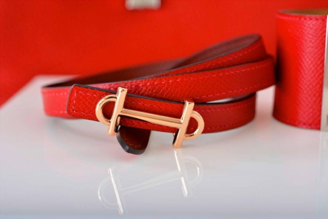 Red Hermes Belt 80cm Rouge H & Rouge Vif pink gold Collectors JaneFinds For Sale