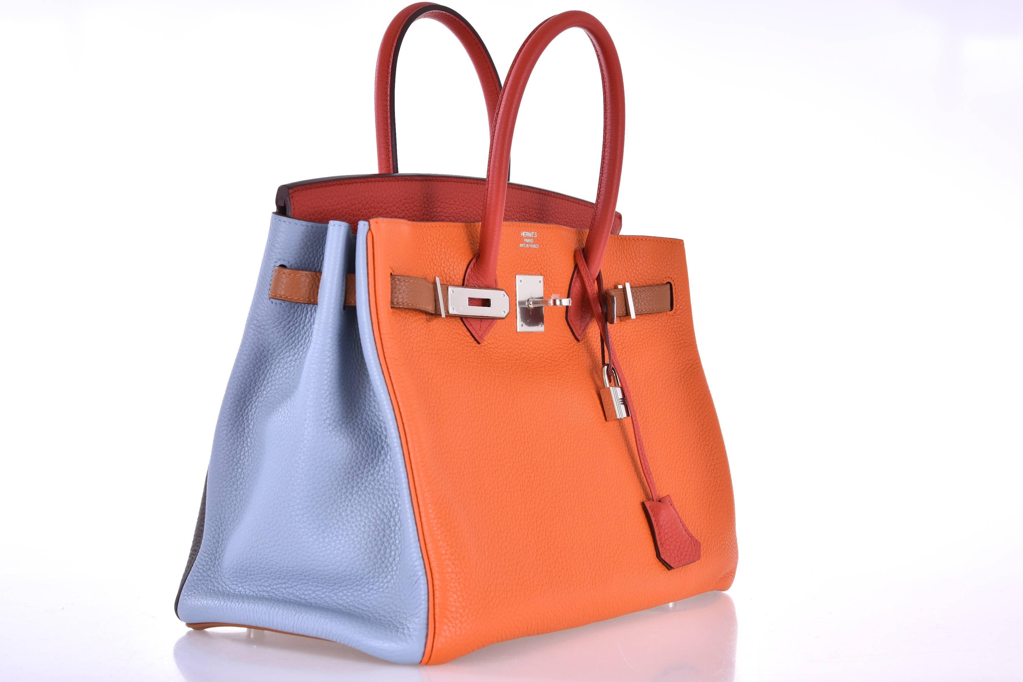 Hermes Birkin Bag 35cm Arlequin Birkin 6 Color Bag

New Condition
Hardware: palladium 
Country of Origin: France
Color: Orange, Bougainvillea, Gold, Etain, Bleu Ciel, and Bleu Hydra
Accompanied by: Care Booklet, Dust Bag, Plastic