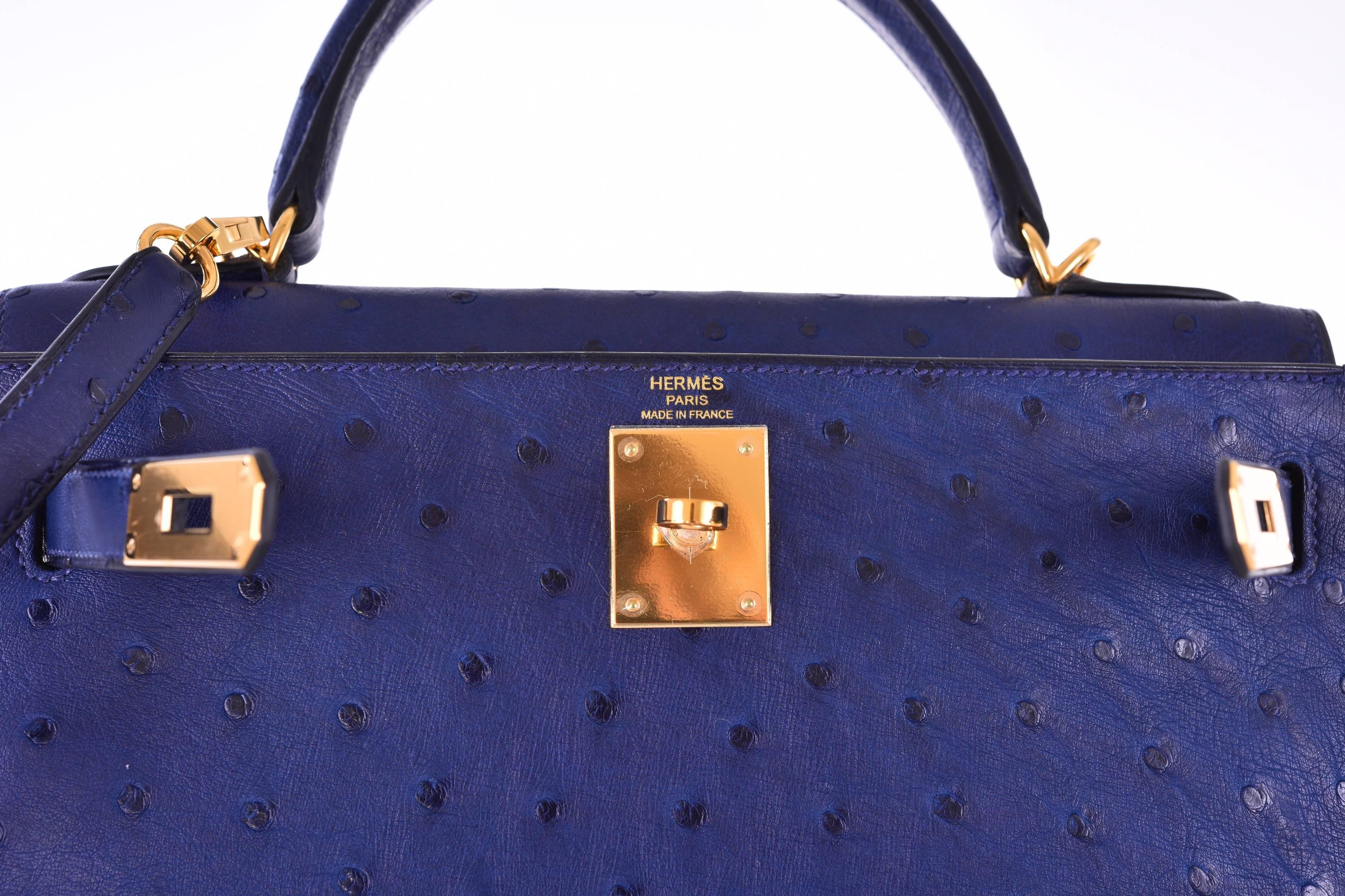 Hermes Ostrich Kelly 28cm Blue Iris Gold Hardware JaneFinds For Sale 1