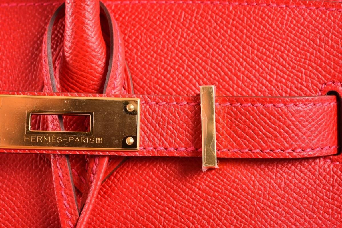 Hermes 30cm Rouge casaque with incredible pink stitching birkin with Gold hardware in Epsom leather 
New 
12" Width x 8" Height x 6” Depth
Hermes Birkin 30cm with a 30cm bagnizer included!

Incredible rouge casaque 30cm with gold in