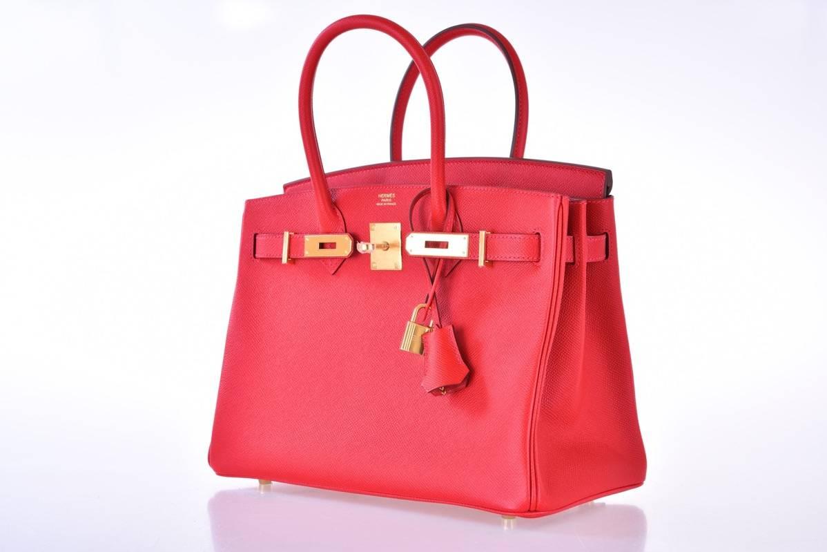 Red Hermes Birkin Bag 30cm Rouge Casaque with Gold Hardware Epsom JaneFinds For Sale