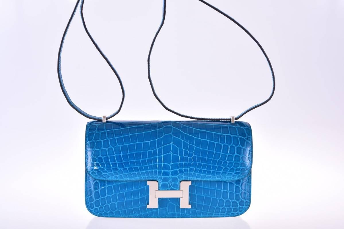 Hermes Shiny Nilo Crocodile Blue Izmir Constance Elan JaneFinds In New Condition For Sale In NYC Tri-State/Miami, NY